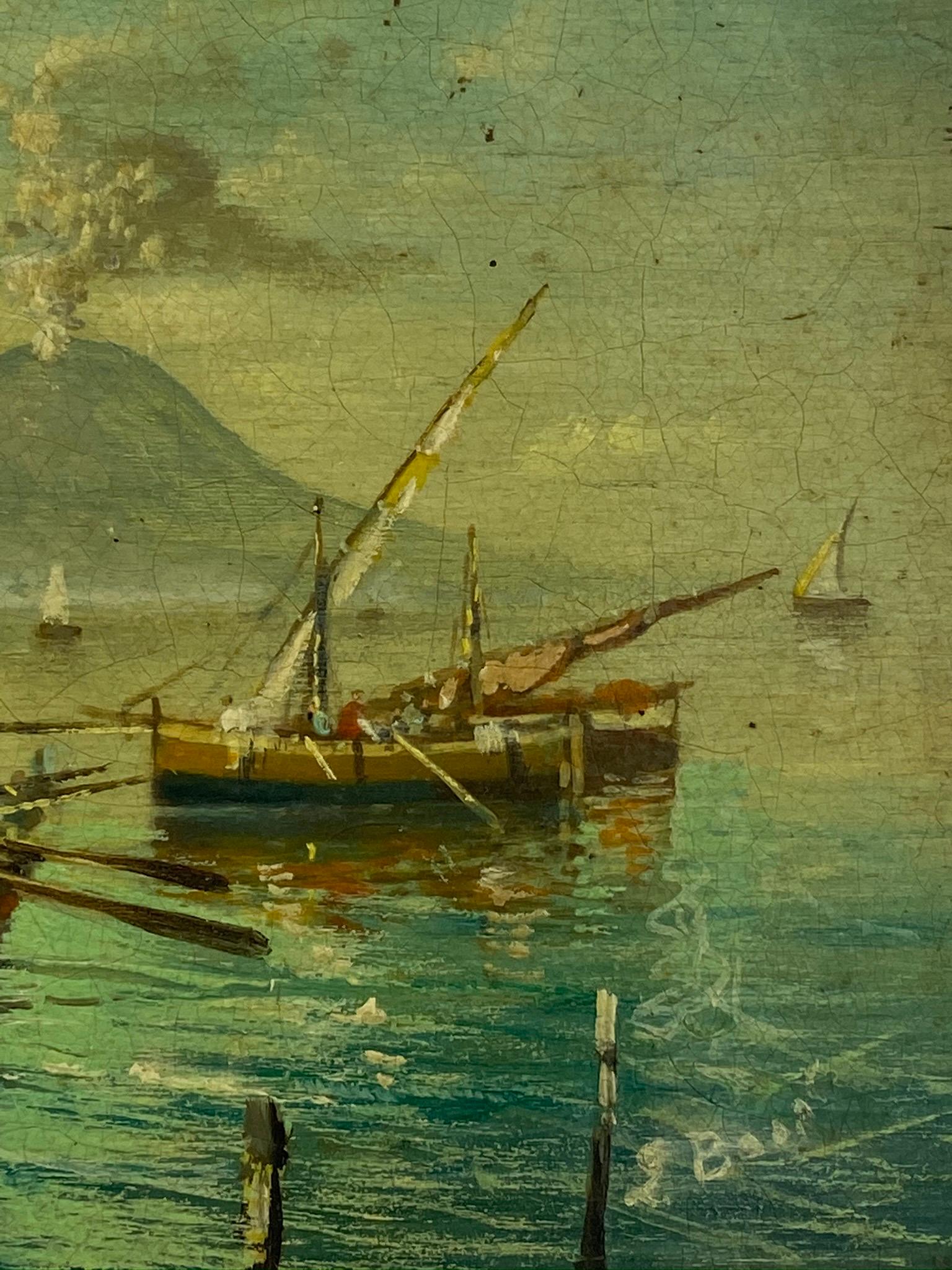 MARINE - Posillipo School - Italian Landscape Oil on board Painting - Brown Landscape Painting by Luigi Basile