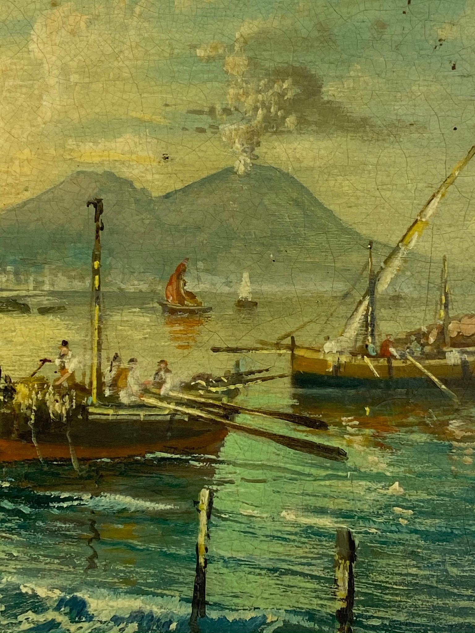 MARINE - École Posillipo - Peinture de paysage italienne à l'huile sur carton en vente 1