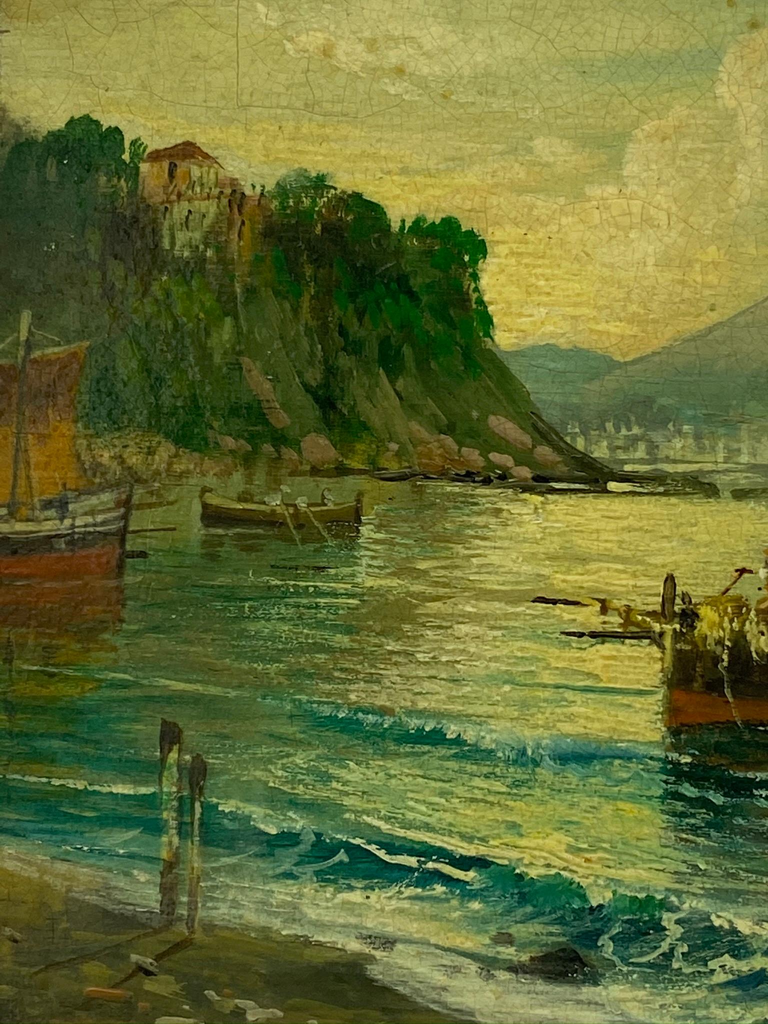MARINE - École Posillipo - Peinture de paysage italienne à l'huile sur carton en vente 2