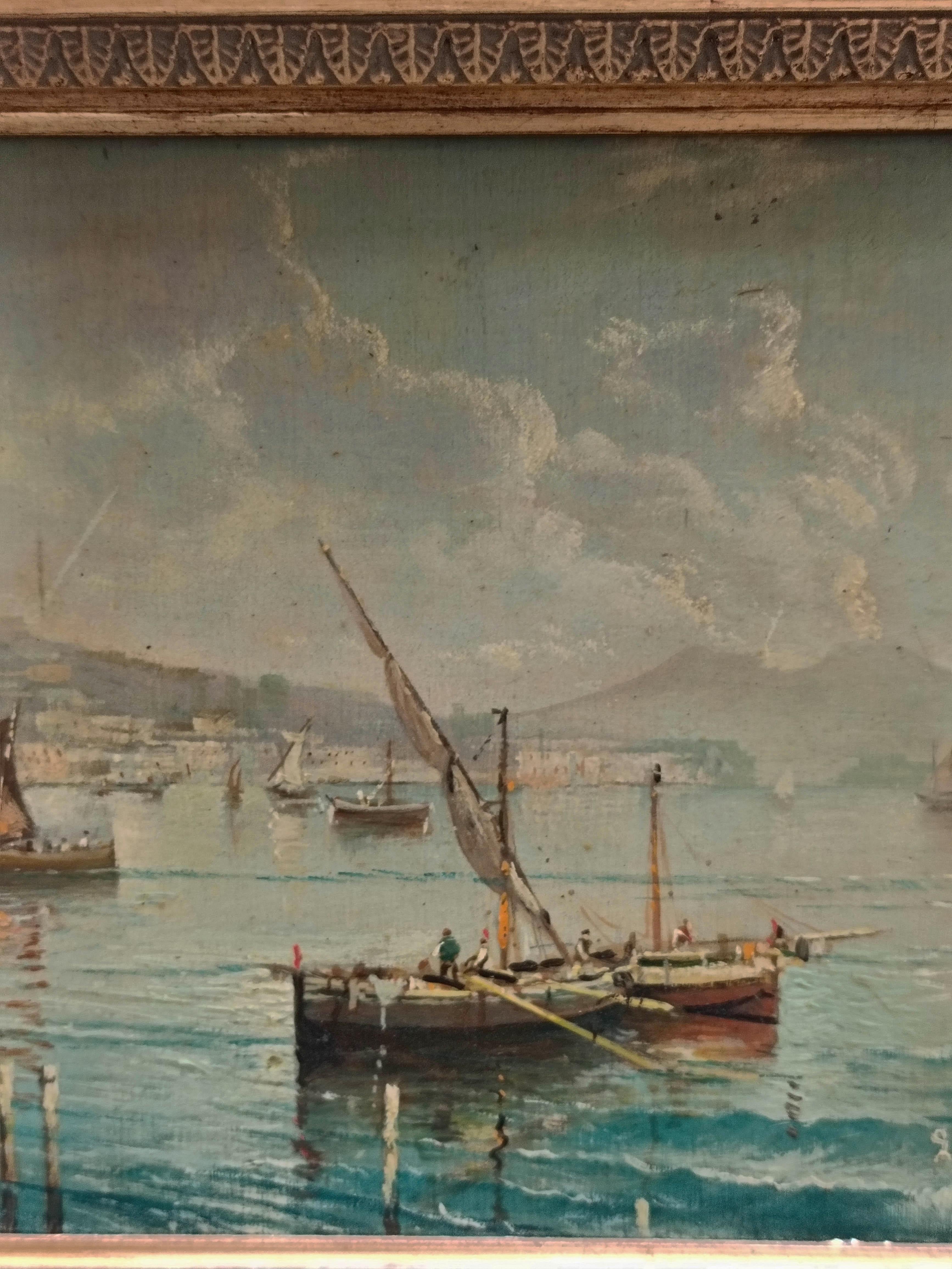 MARINE - École Posillipo - Peinture de paysage italienne à l'huile sur panneau en vente 1