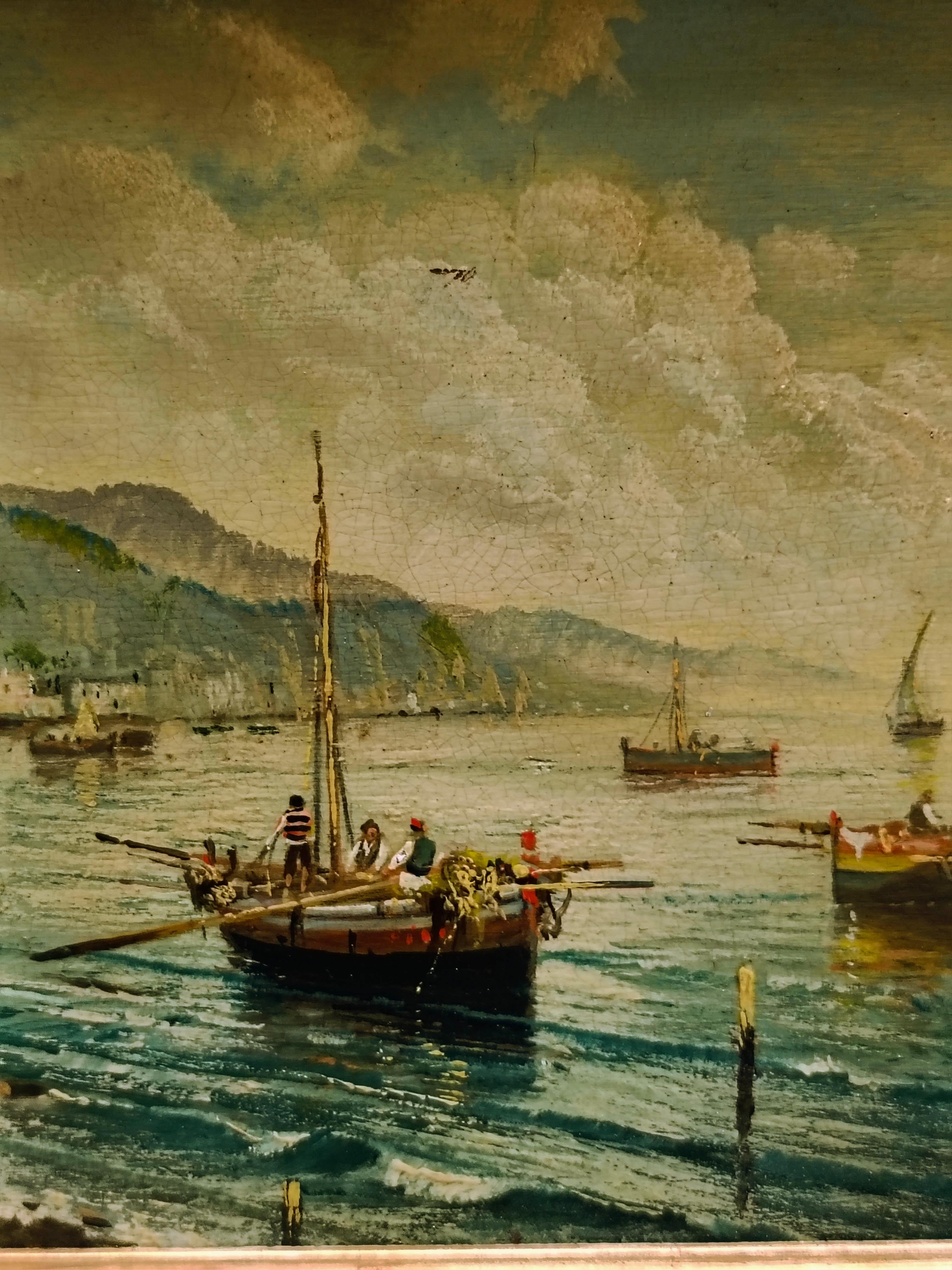MARINE - École Posillipo - Peinture de paysage italienne à l'huile sur carton en vente 4