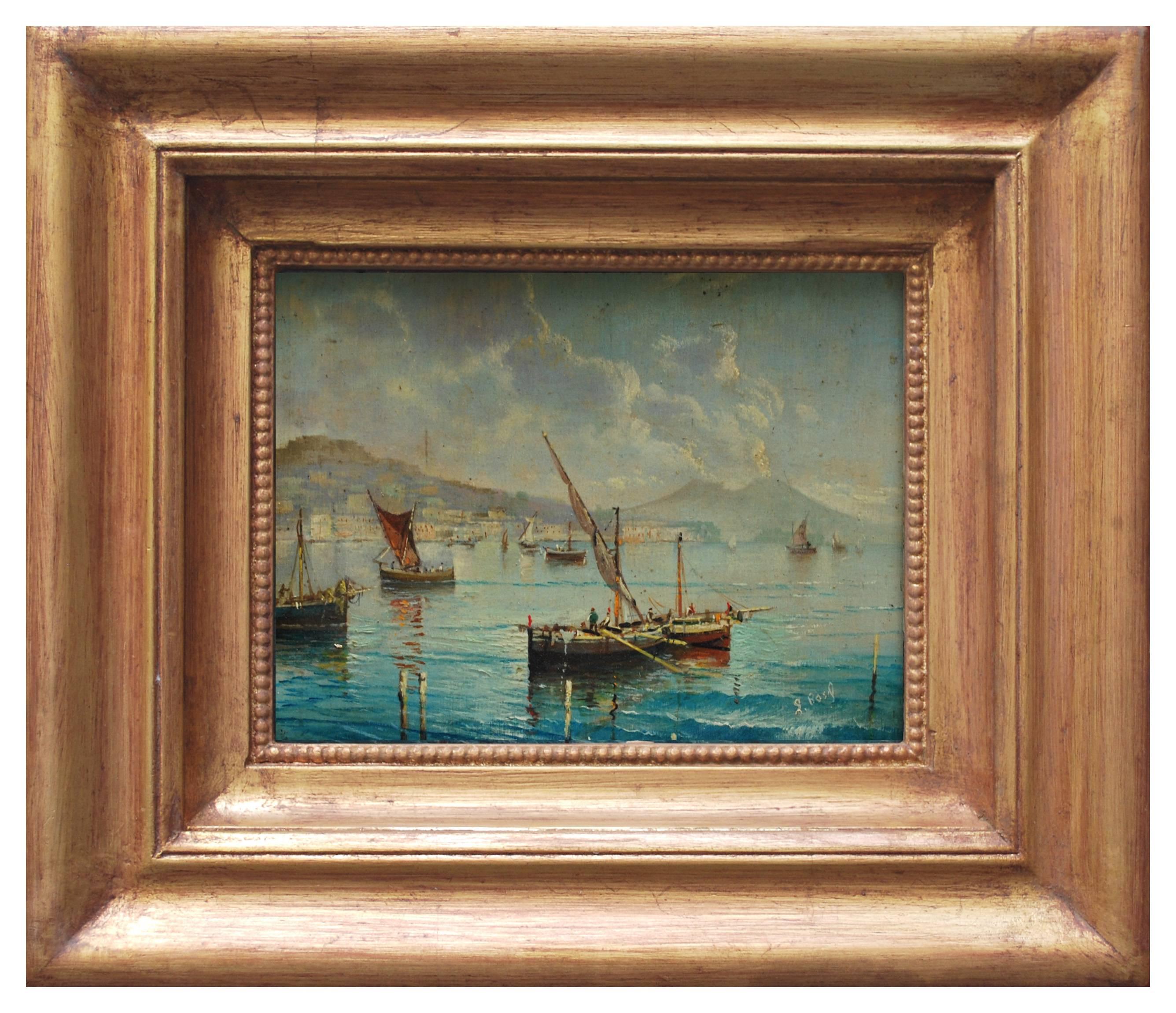 MARINE - École Posillipo - Peinture de paysage italienne à l'huile sur panneau