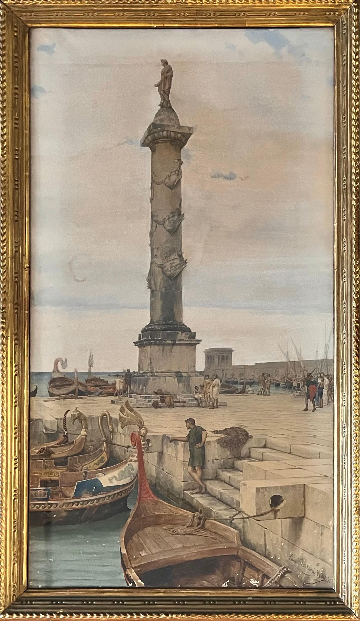 L'aquarelle délicate de Luigi Bazzani représentant le port animé de Portus, à Rome, décrit en détail les activités en cours. Le réalisme des détails architecturaux, de chaque marche et pierre à la colonne ornée, ainsi que l'ornementation délicate et