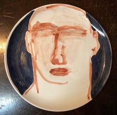 Contemporary Italian Painted Ceramic Artist Plate Brutalist Face Painting