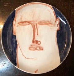 Contemporary Italian Painted Ceramic Artist Plate Brutalist Face Painting
