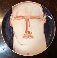 Contemporary Italian Painted Ceramic Artist Plate Brutalist Face Painting
