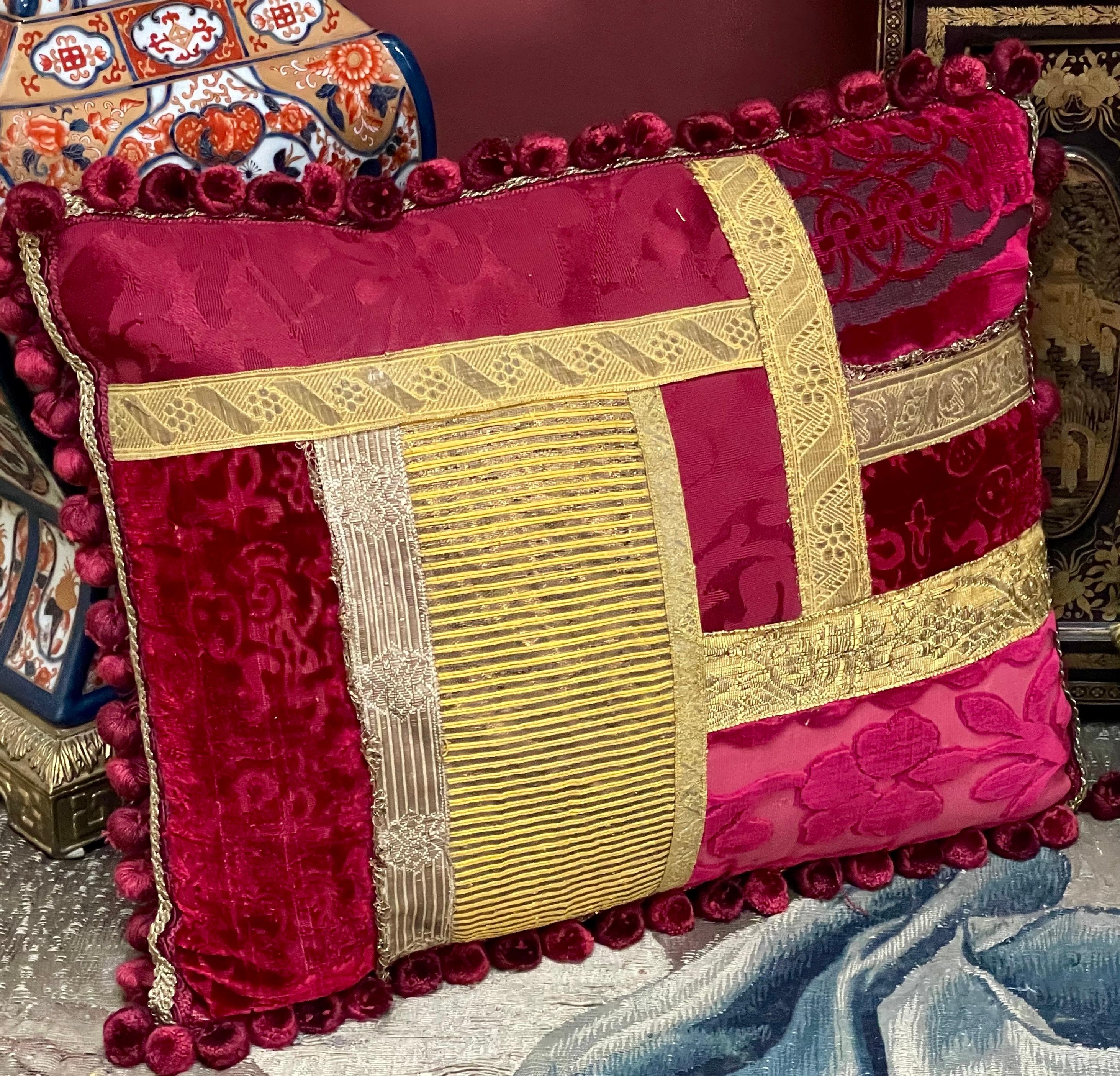 

Hand Made Bespoke Pillow
Incorporating a selection of vintage and contemporary Luigi Bevilacqua Soprarizzo Silk Velvets. Hand woven in Venice on 18th century looms 

Vintage silk damask
Finished with 18th and 19th century metallic and silk