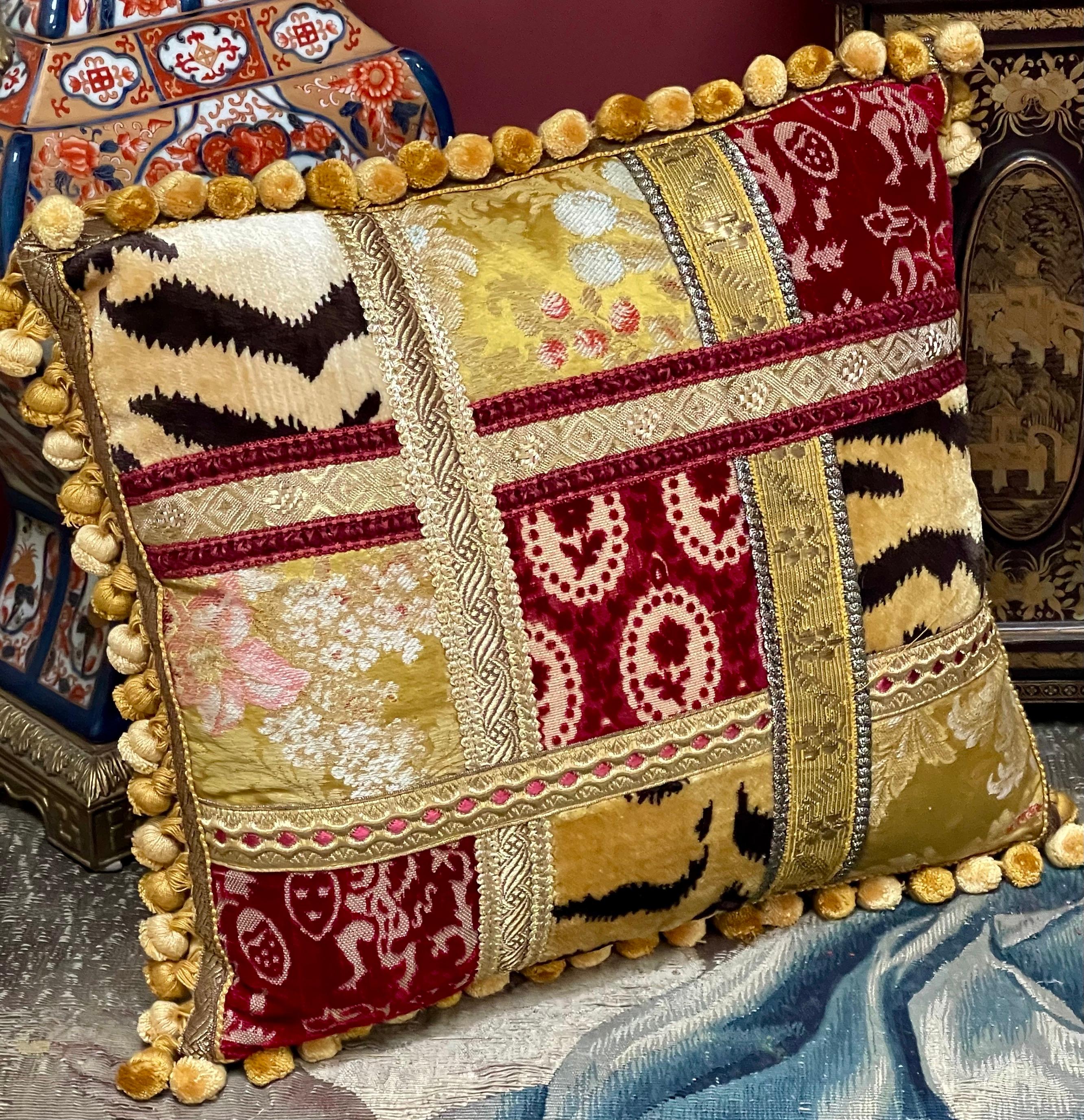 

Hand Made Bespoke Pillow
Incorporating a selection of vintage and contemporary Luigi Bevilacqua Soprarizzo Silk Velvets. Hand woven in Venice on 18th century looms

Together with antique silk and metallic thread brocade
 Finished with a selection
