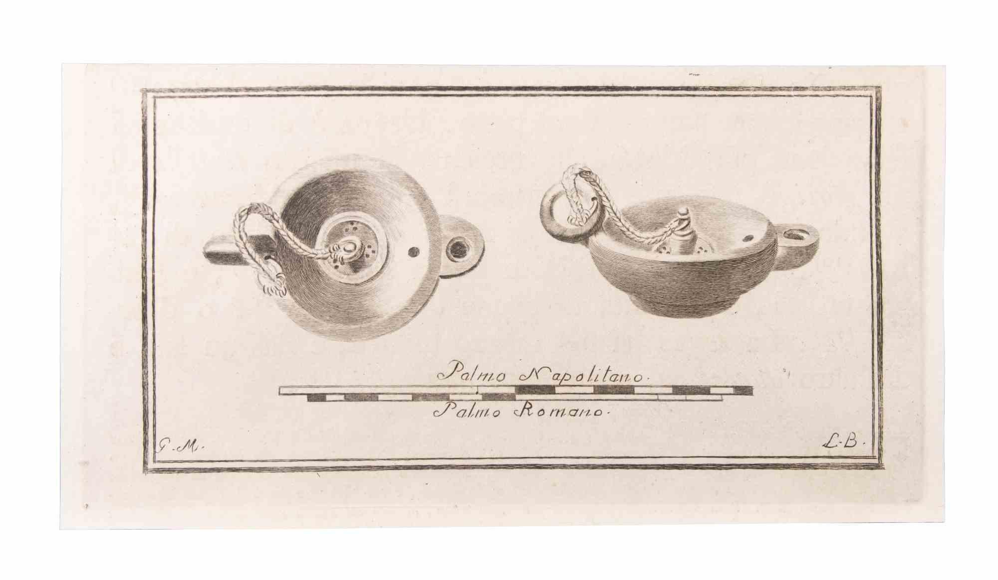 Oil Lamp is an Etching realized by  Luigi Biondi (1776-1839).

The etching belongs to the print suite “Antiquities of Herculaneum Exposed” (original title: “Le Antichità di Ercolano Esposte”), an eight-volume volume of engravings of the finds from