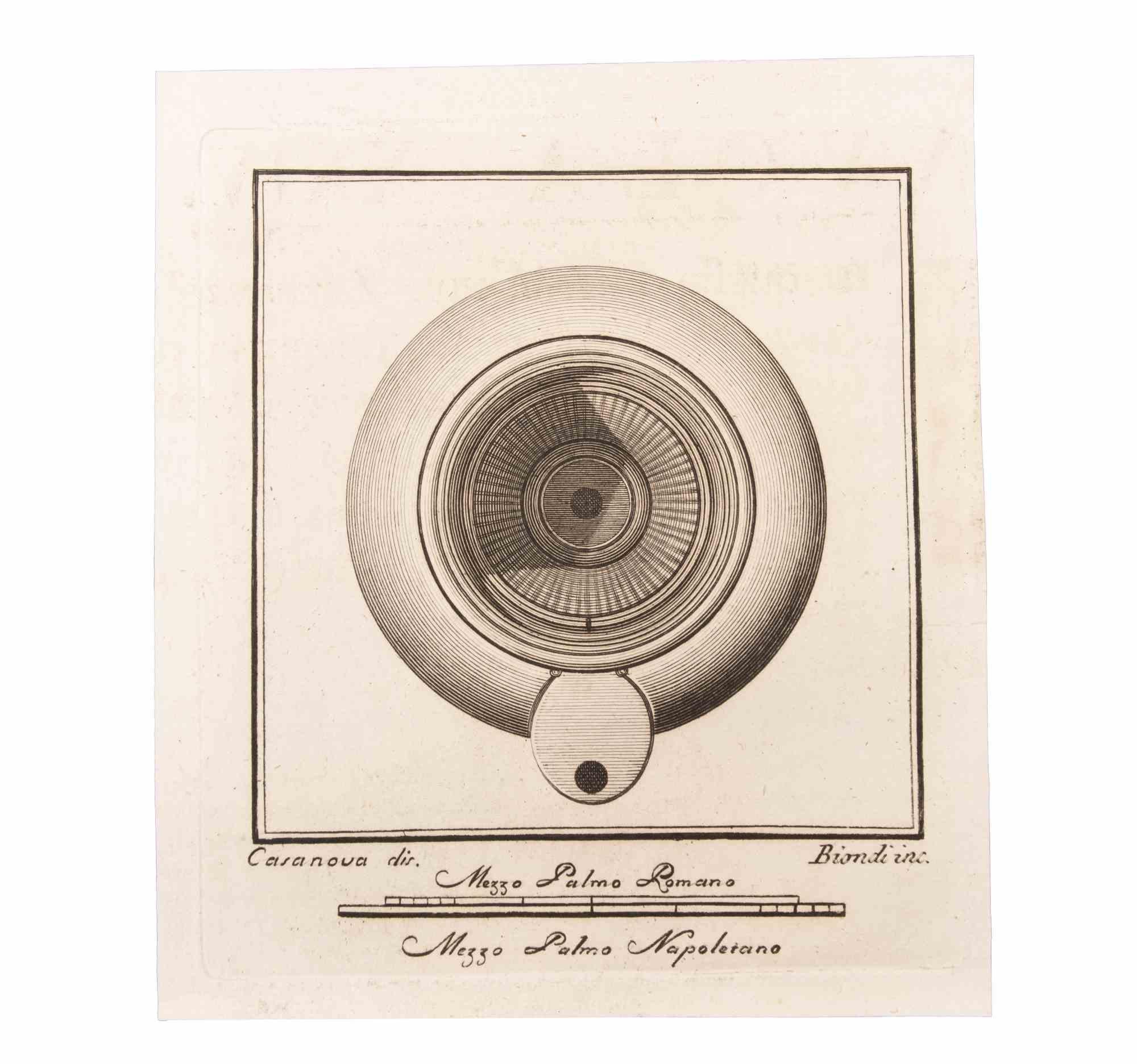 Oil Lamp is an Etching realized by  Luigi Biondi (1776-1839).

The etching belongs to the print suite “Antiquities of Herculaneum Exposed” (original title: “Le Antichità di Ercolano Esposte”), an eight-volume volume of engravings of the finds from