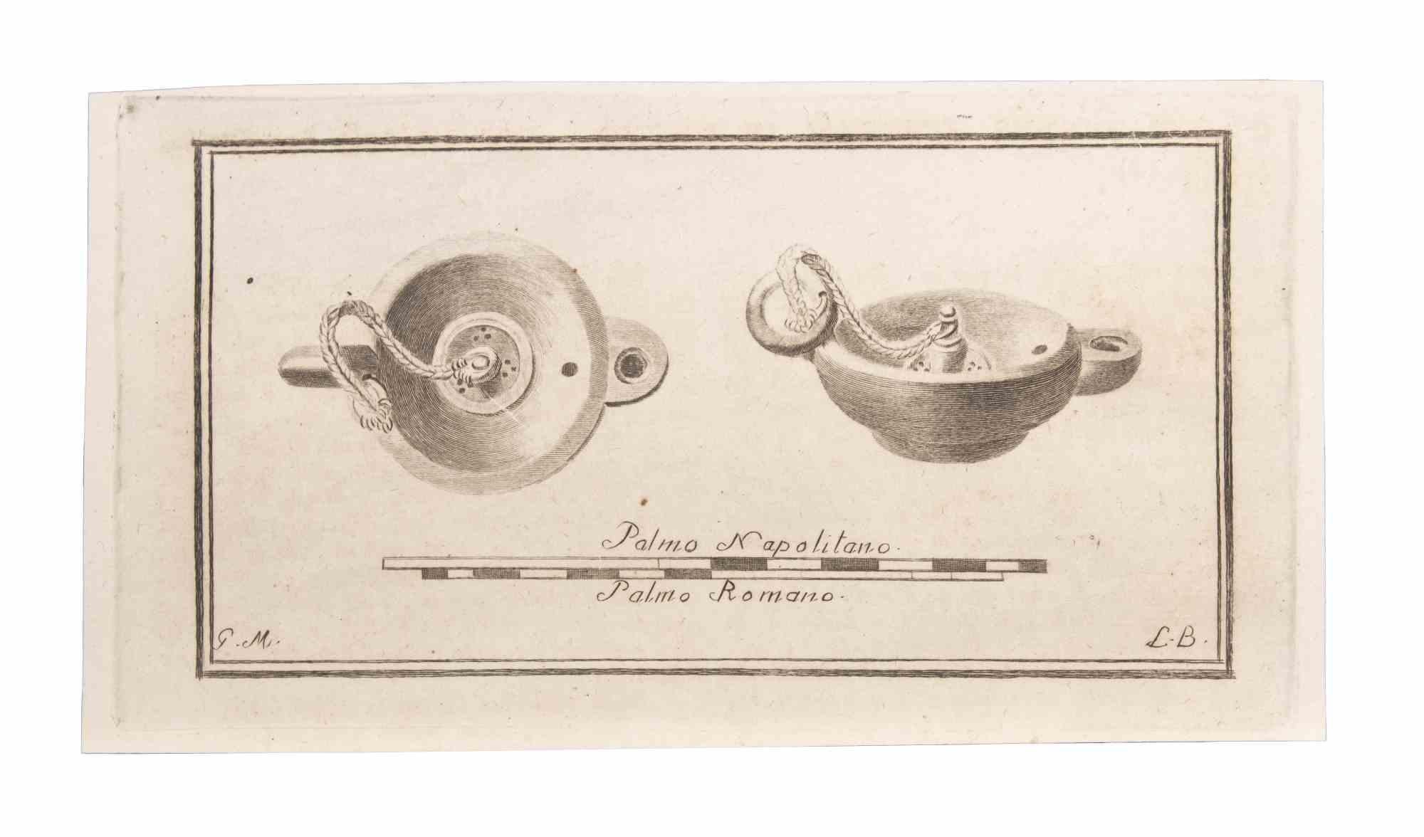 Lampe à huile est une gravure réalisée par  Luigi Biondi (1776-1839).

La gravure appartient à la suite d'estampes "Antiquités d'Herculanum exposées" (titre original : "Le Antichità di Ercolano Esposte"), un volume de huit gravures des découvertes
