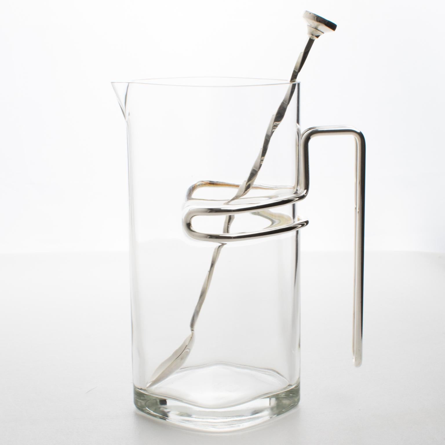 Modern Luigi Bormioli Silver Plate and Glass Barware Cocktail Martini Pitcher, 1980s