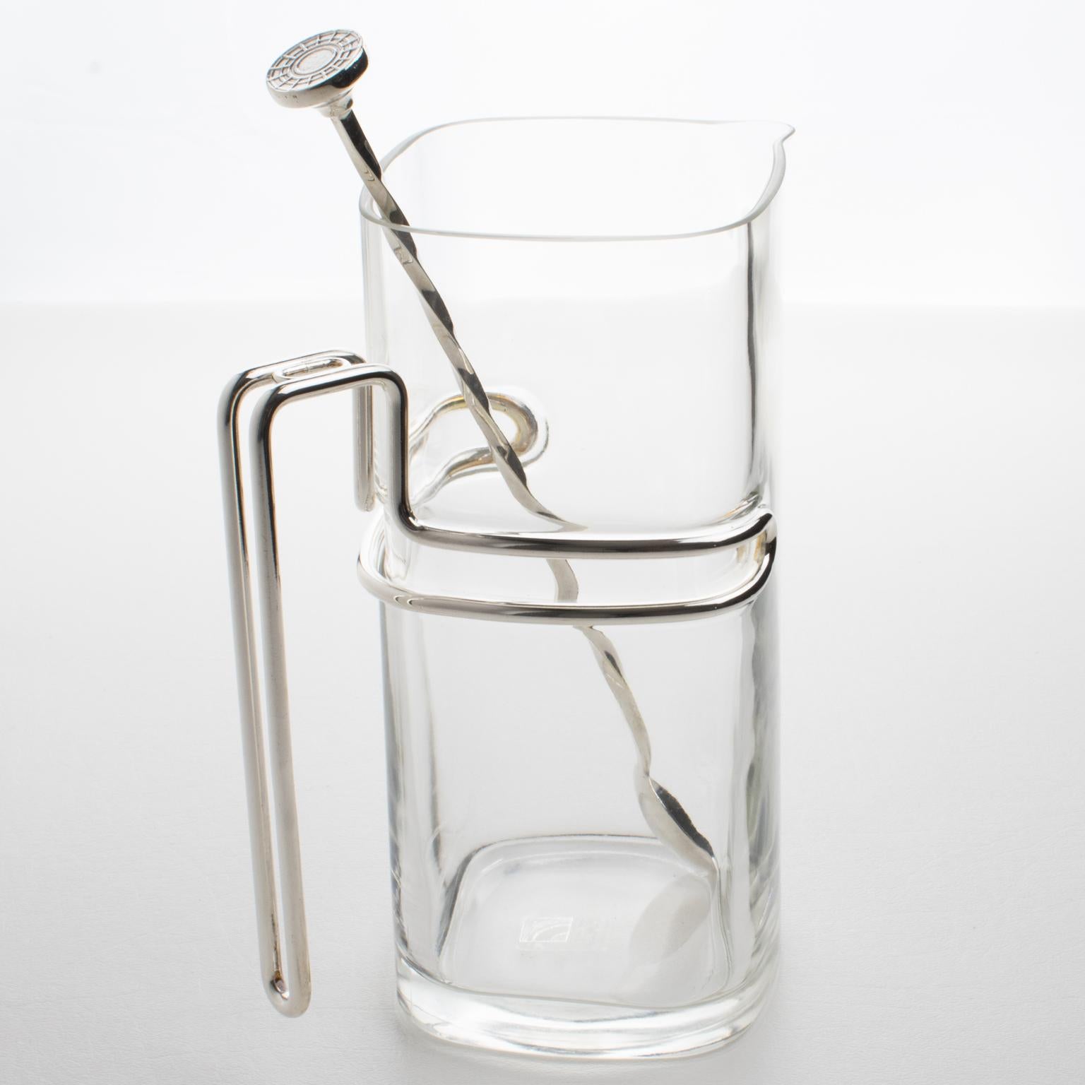 Italian Luigi Bormioli Silver Plate and Glass Barware Cocktail Martini Pitcher, 1980s