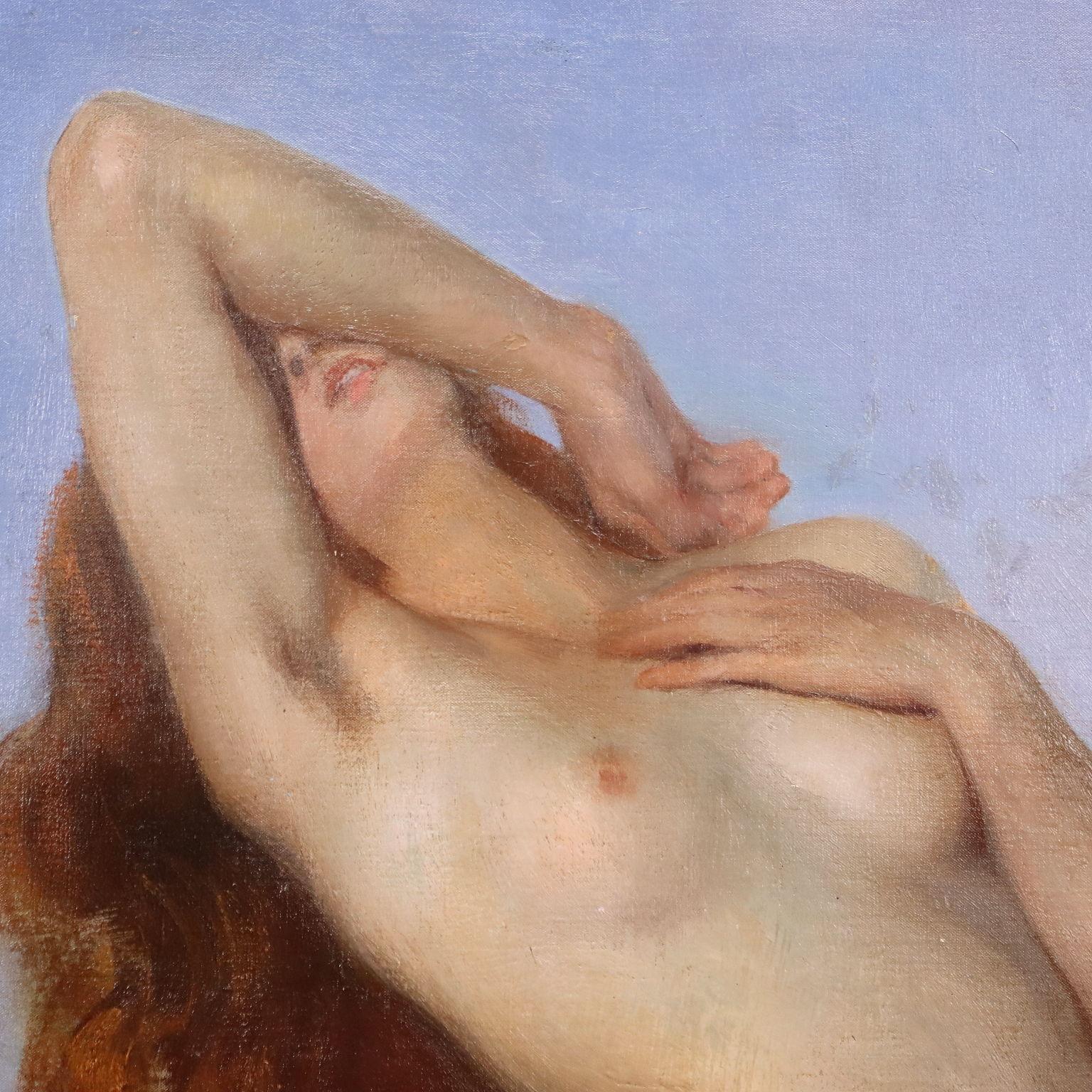 Huile sur toile. Signé et daté en bas à gauche sur le côté gauche de la toile.
La grande composition est composée de trois toiles distinctes, la toile centrale développée verticalement (taille 220 x 128 cm) et arrondie au niveau du bord supérieur,