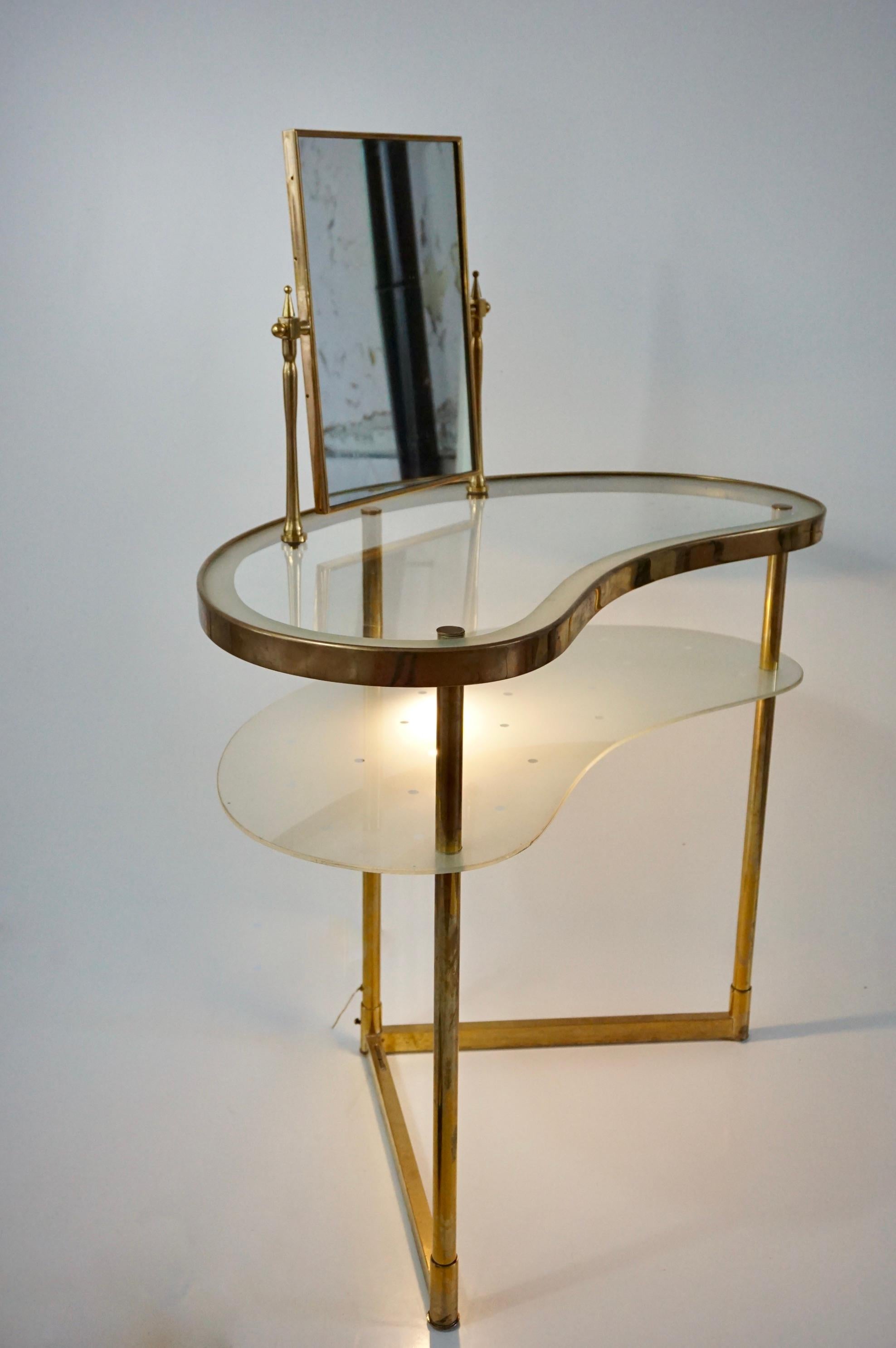 Luigi Brusotti Schminktisch aus Messing und Glas, Waschtisch mit Spiegel und Licht 1940 14