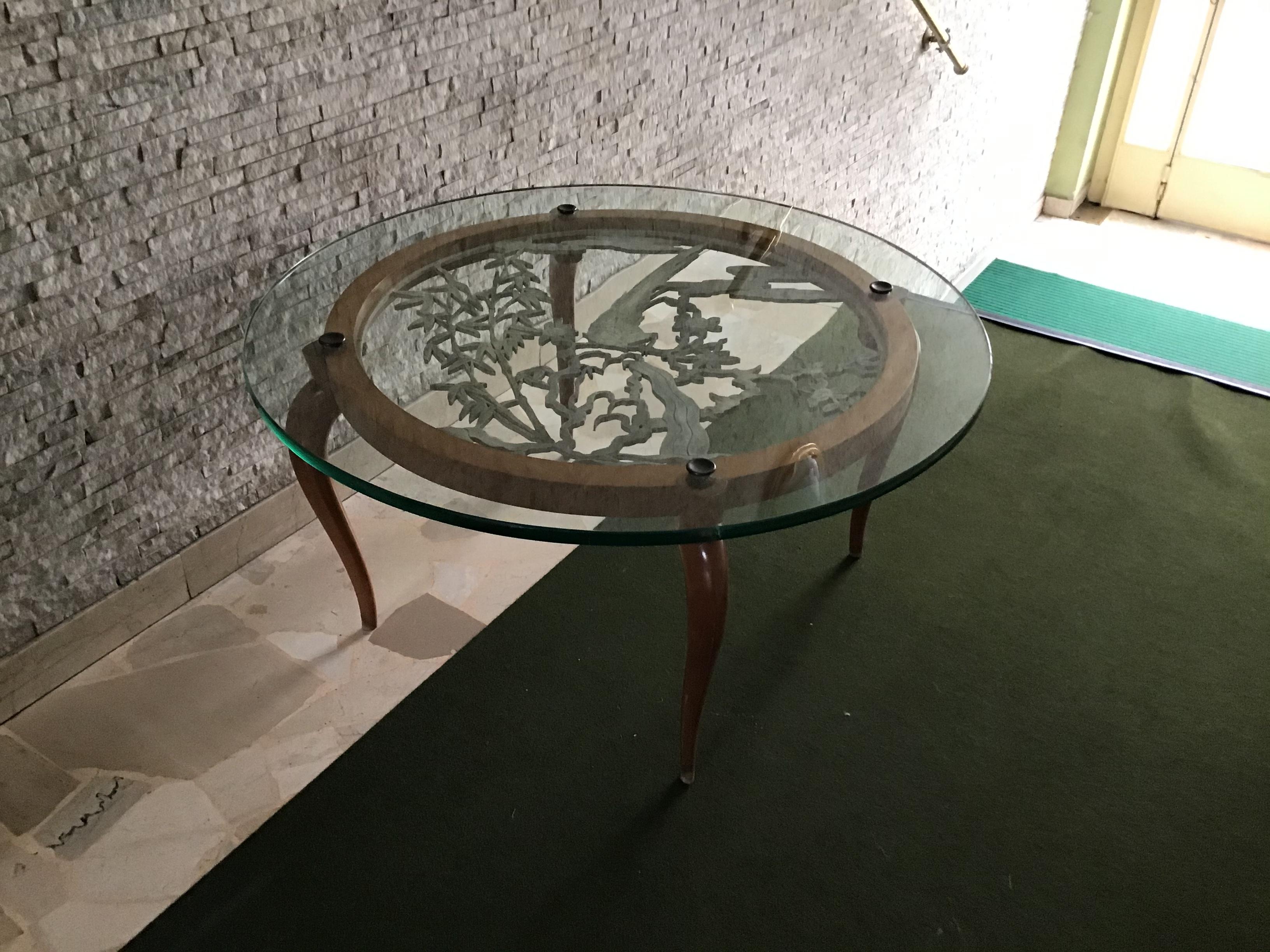 Luigi Brusotti Coffee Table Cristal Wood Brass, 1940, Italy In Excellent Condition For Sale In Milano, IT