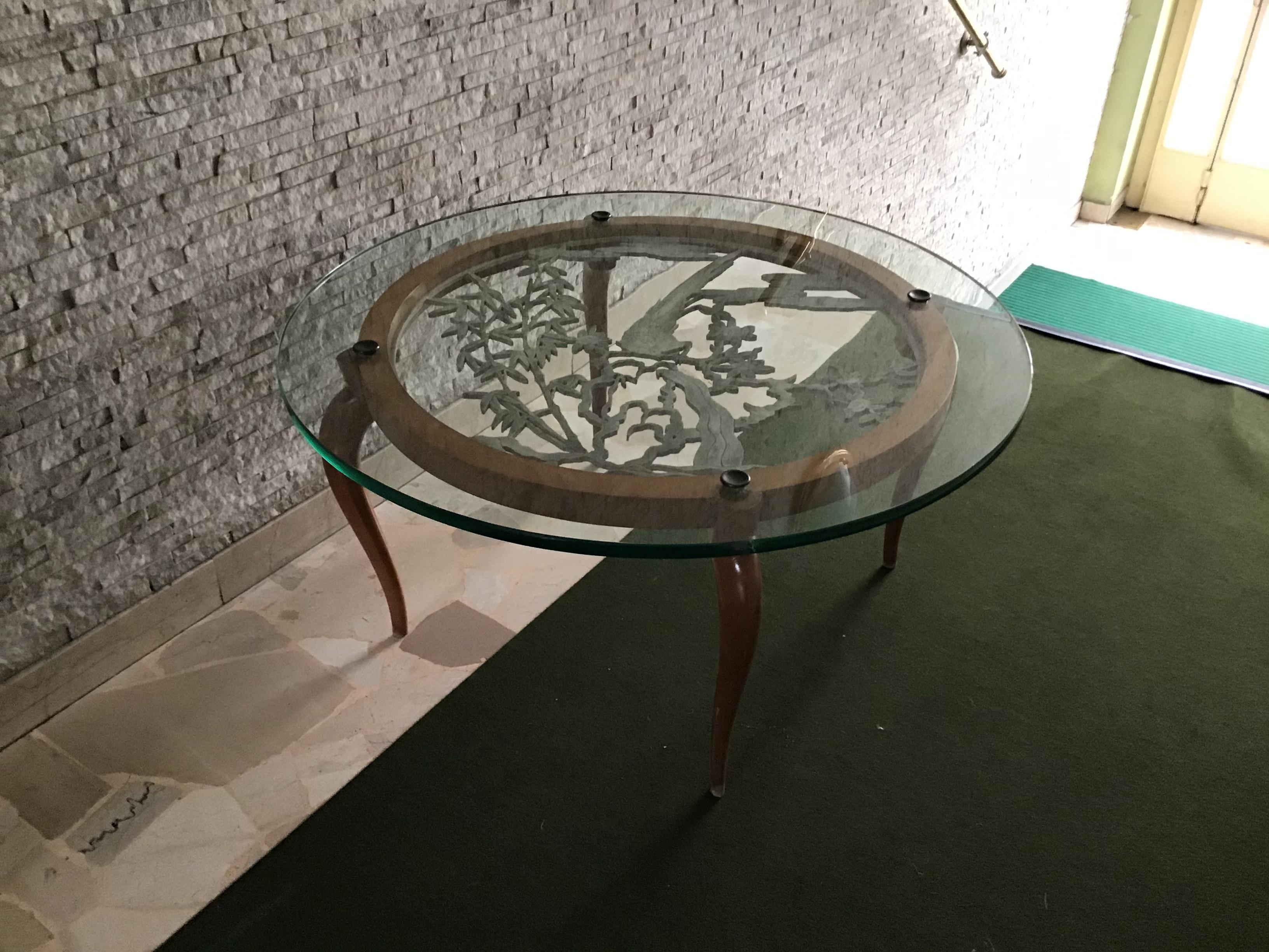 Mid-20th Century Luigi Brusotti Coffee Table Cristal Wood Brass, 1940, Italy For Sale