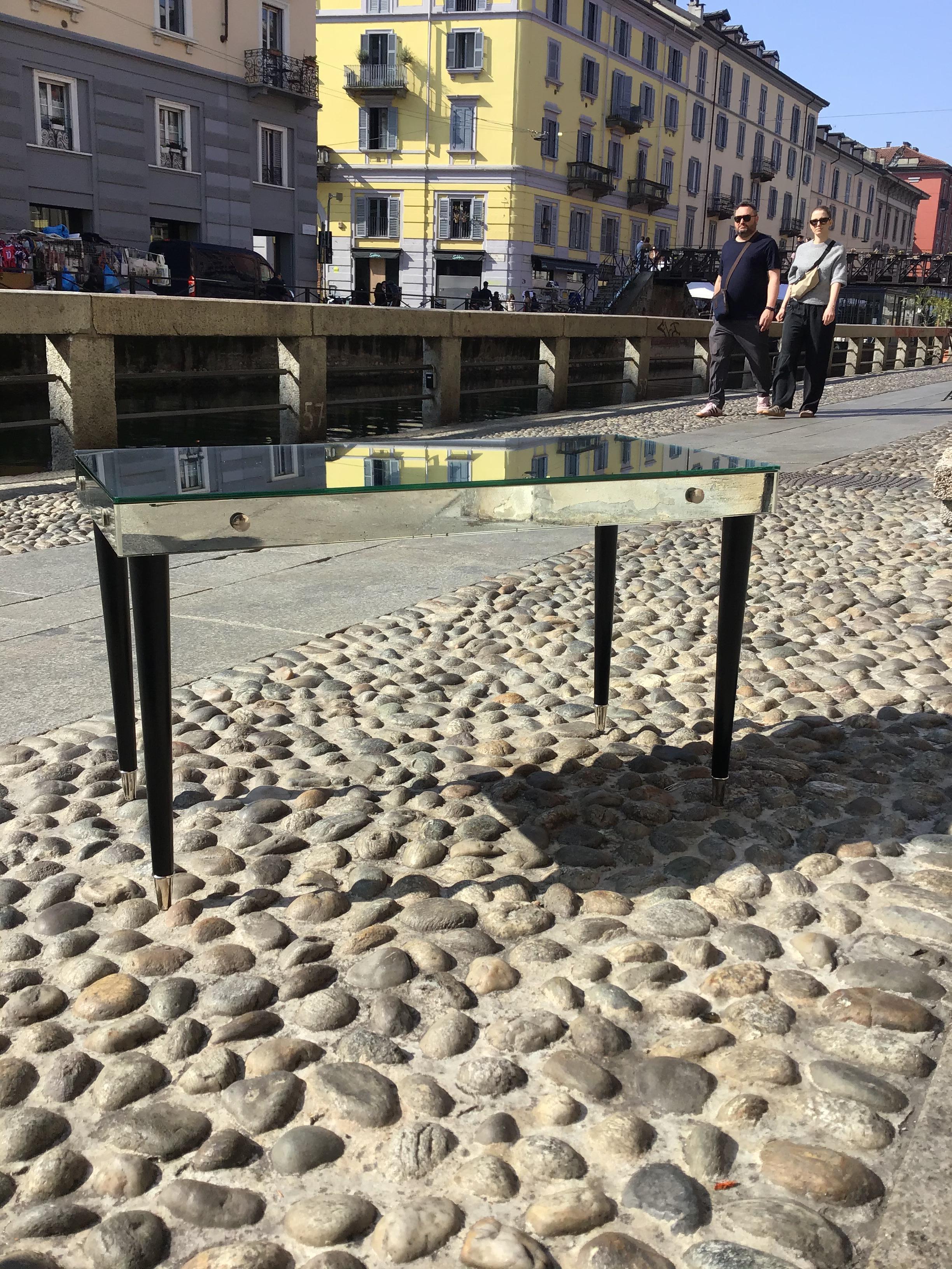 Luigi Brusotti Coffee Table Vetro Specchiato Metal Crome Wood 1940 italy in vendita 8