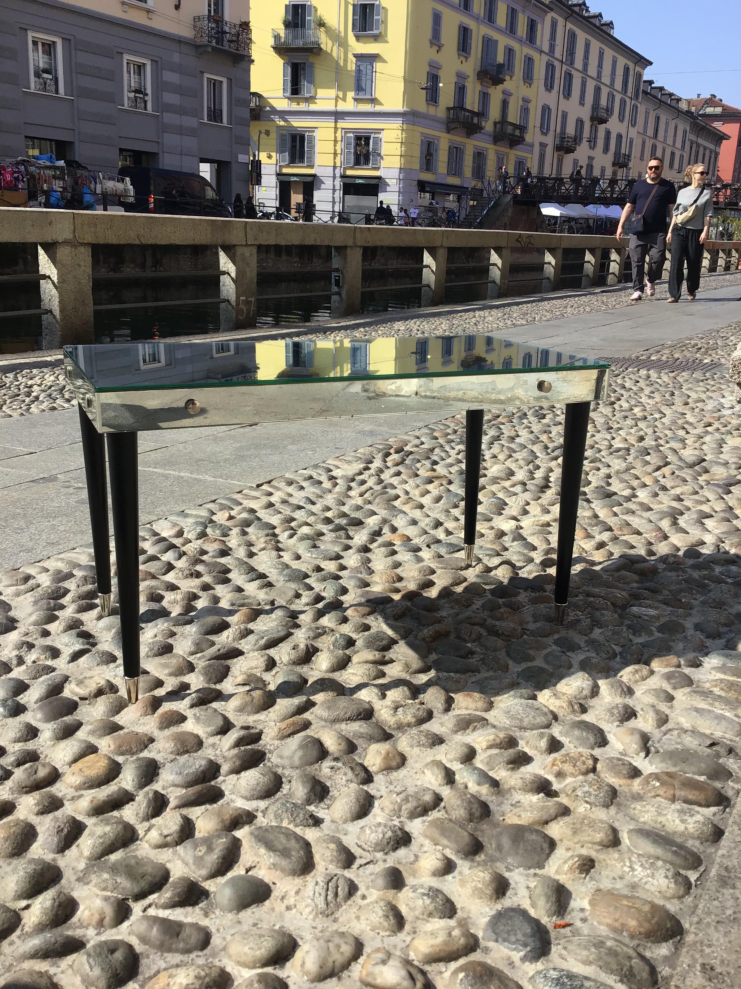 Luigi Brusotti Coffee Table Vetro Specchiato Metal Crome Wood 1940 italy in vendita 9