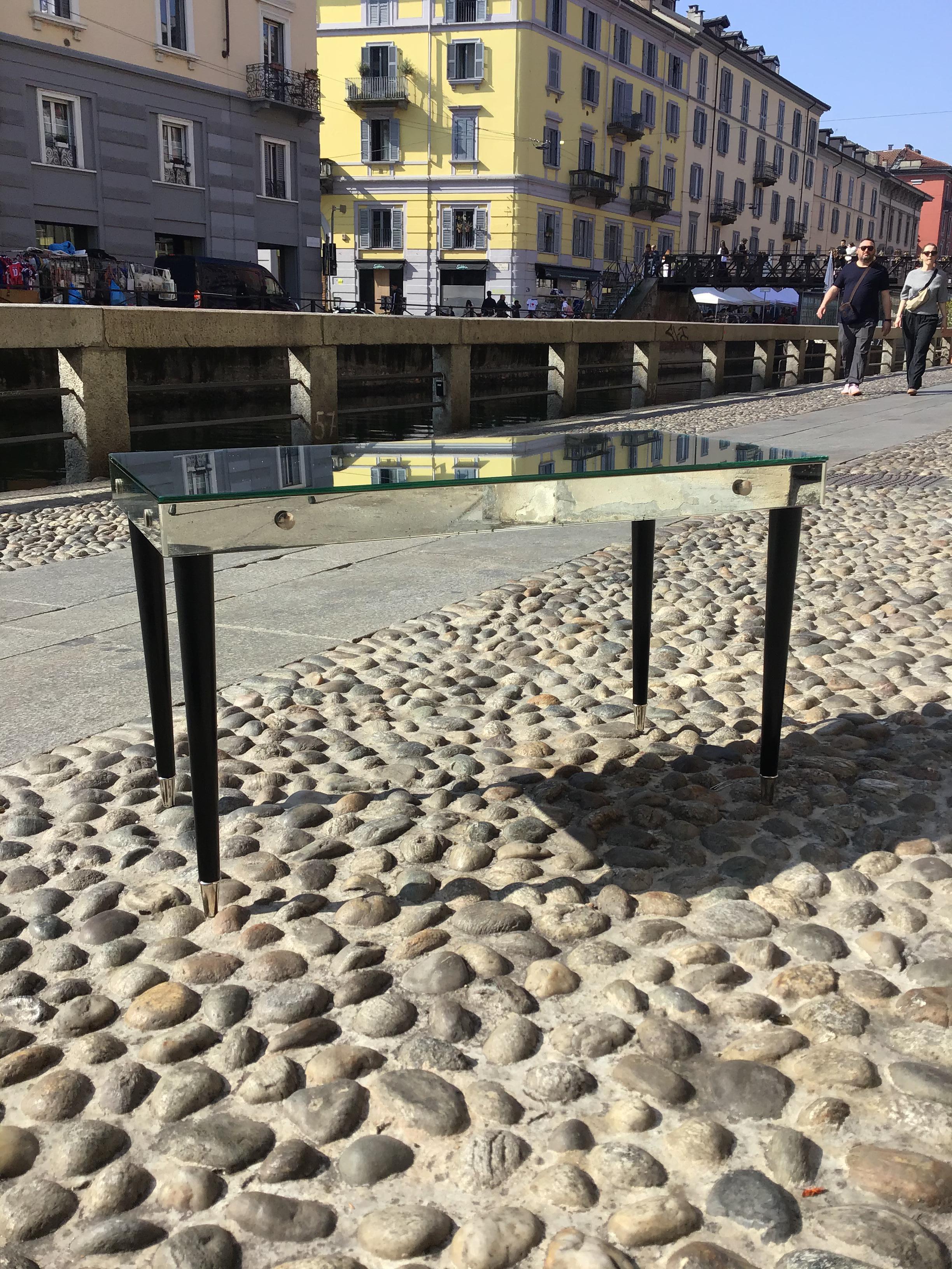Luigi Brusotti Coffee Table Vetro Specchiato Metal Crome Wood 1940 italy in vendita 10