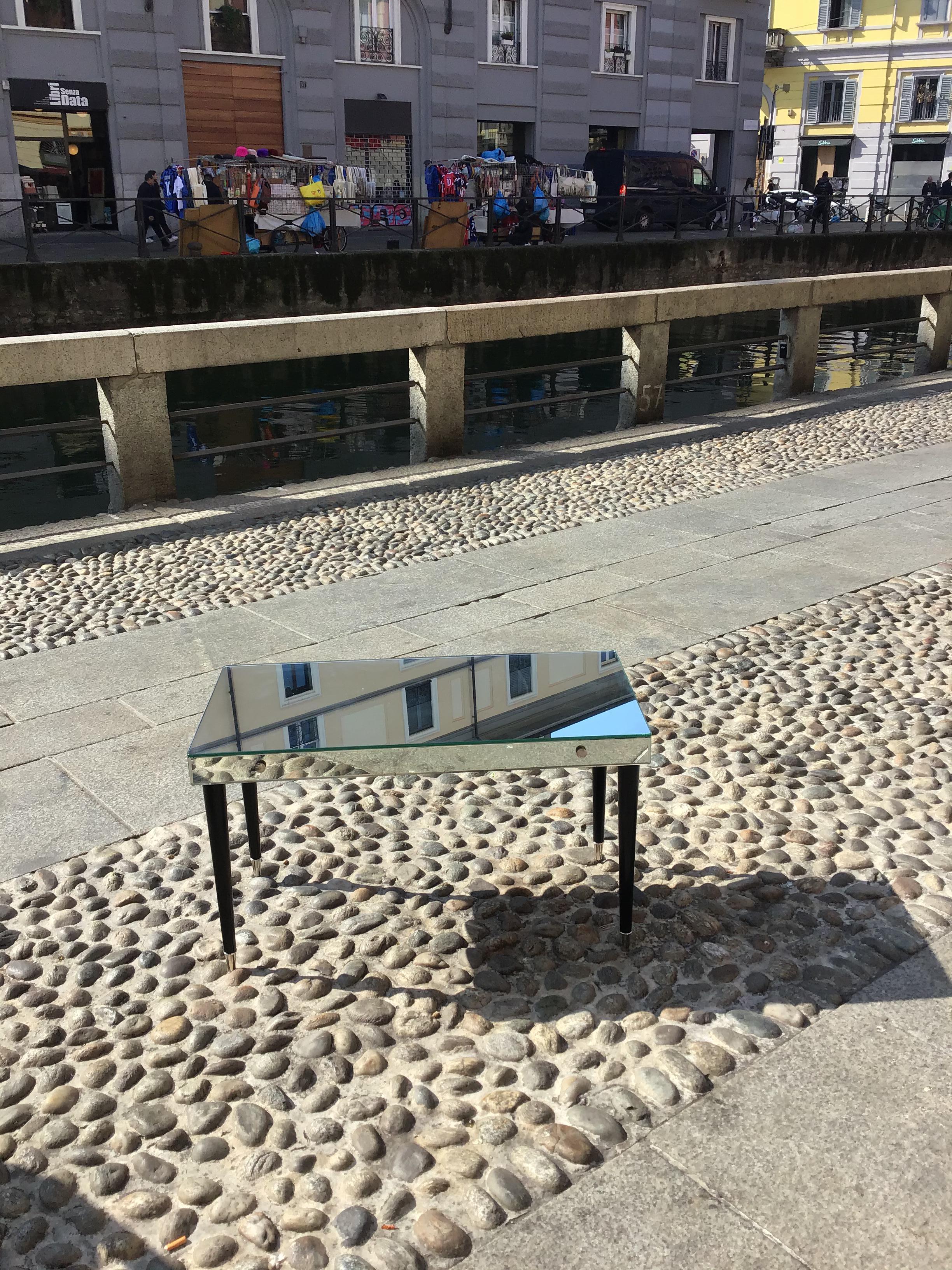 Luigi Brusotti Coffee Table Vetro Specchiato Metal Crome Wood 1940 italy in vendita 12
