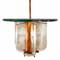 Luigi Brusotti Fontana Arte 1950 Copper and Etched Glass Pendant Lamp with Putti