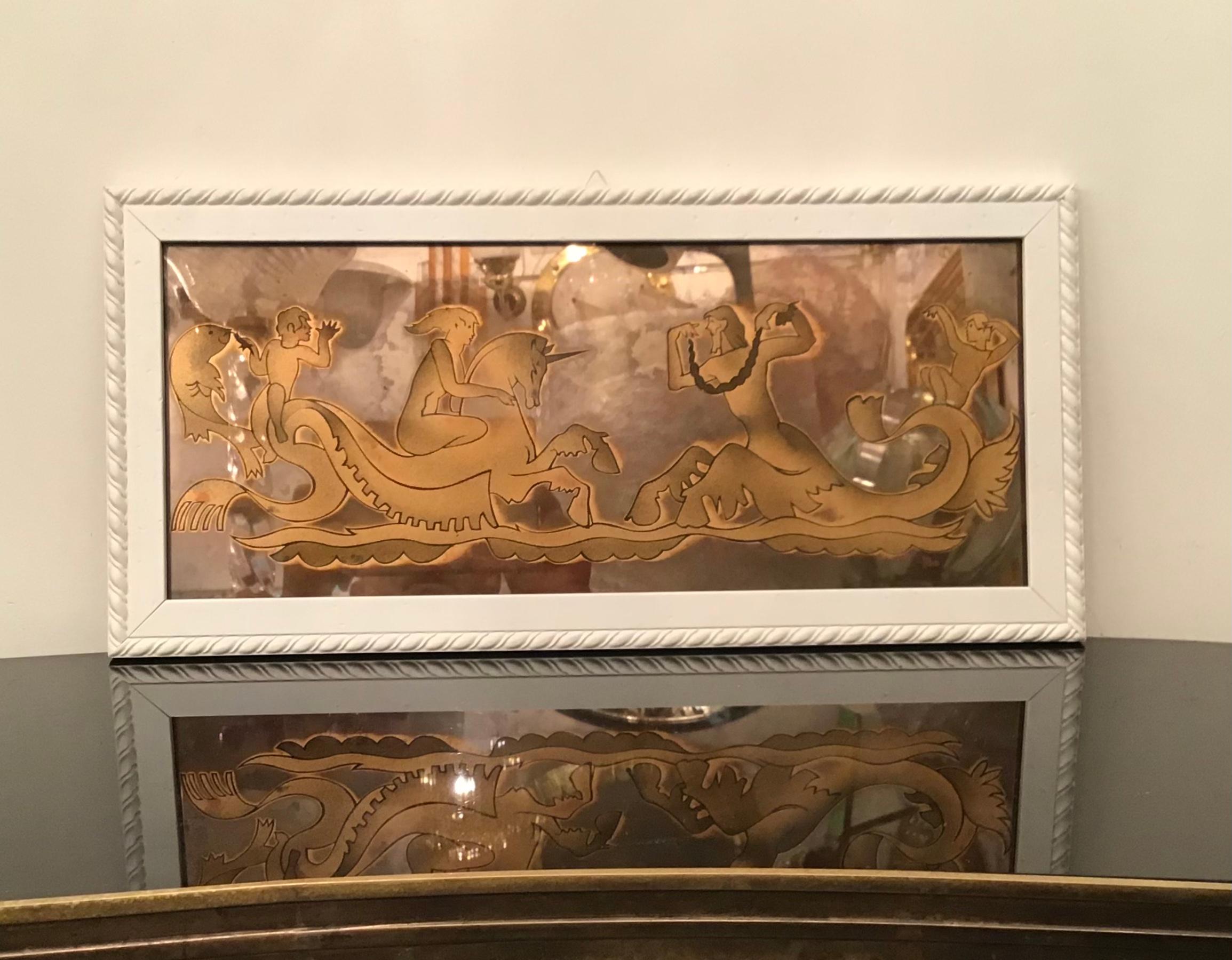 Italian Luigi Brusotti  “ Love on the High Seas”  and Decorated Glass Wood 1940 Italy For Sale