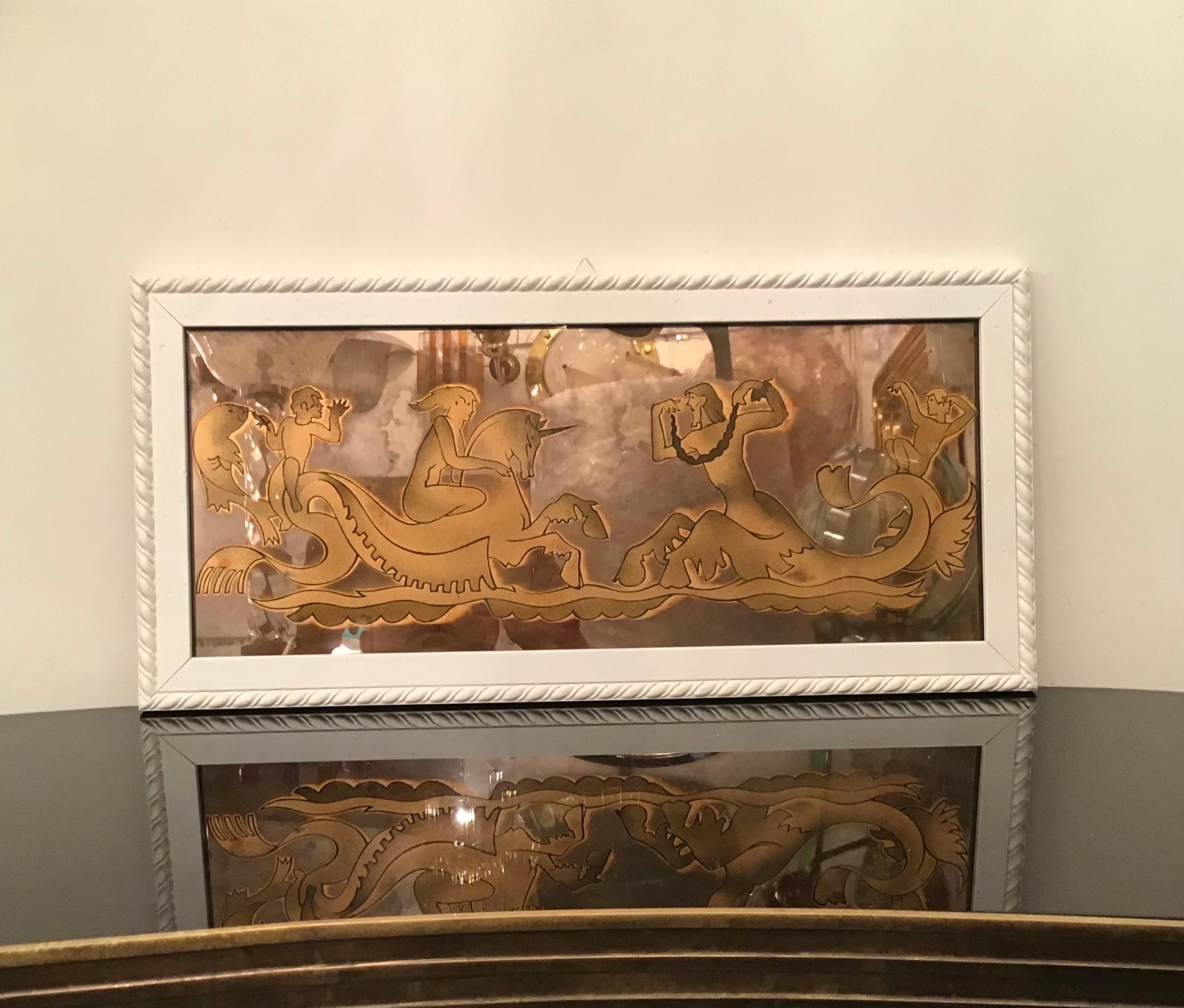 Luigi Brusotti  “ Love on the High Seas”  and Decorated Glass Wood 1940 Italy In Good Condition For Sale In Milano, IT
