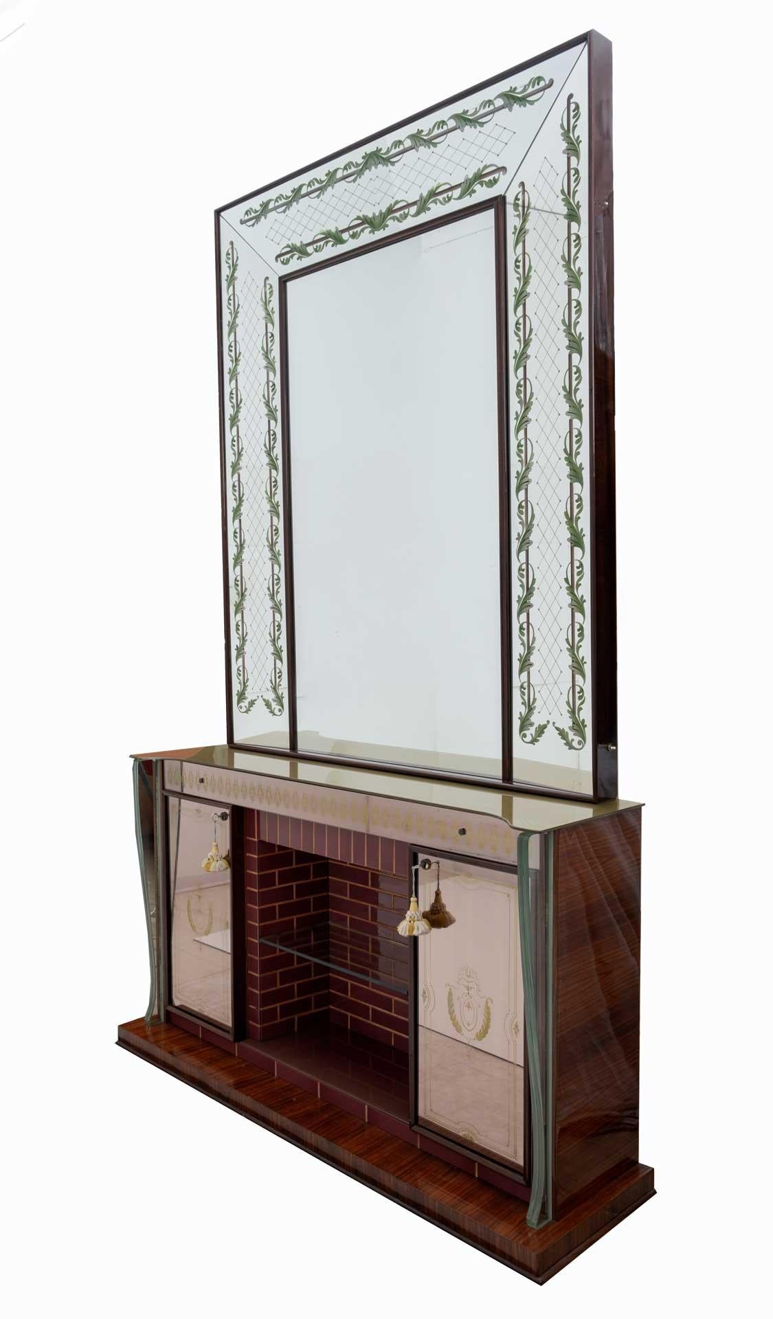 Spectacular and rare bar cabinet or sideboard with mirror. Designed in Italy by Luigi Brusotti in the 1940s. The front is entirely covered with precious Murano glass. The tiles are divided separated by maple wood slats. The doors have built-in