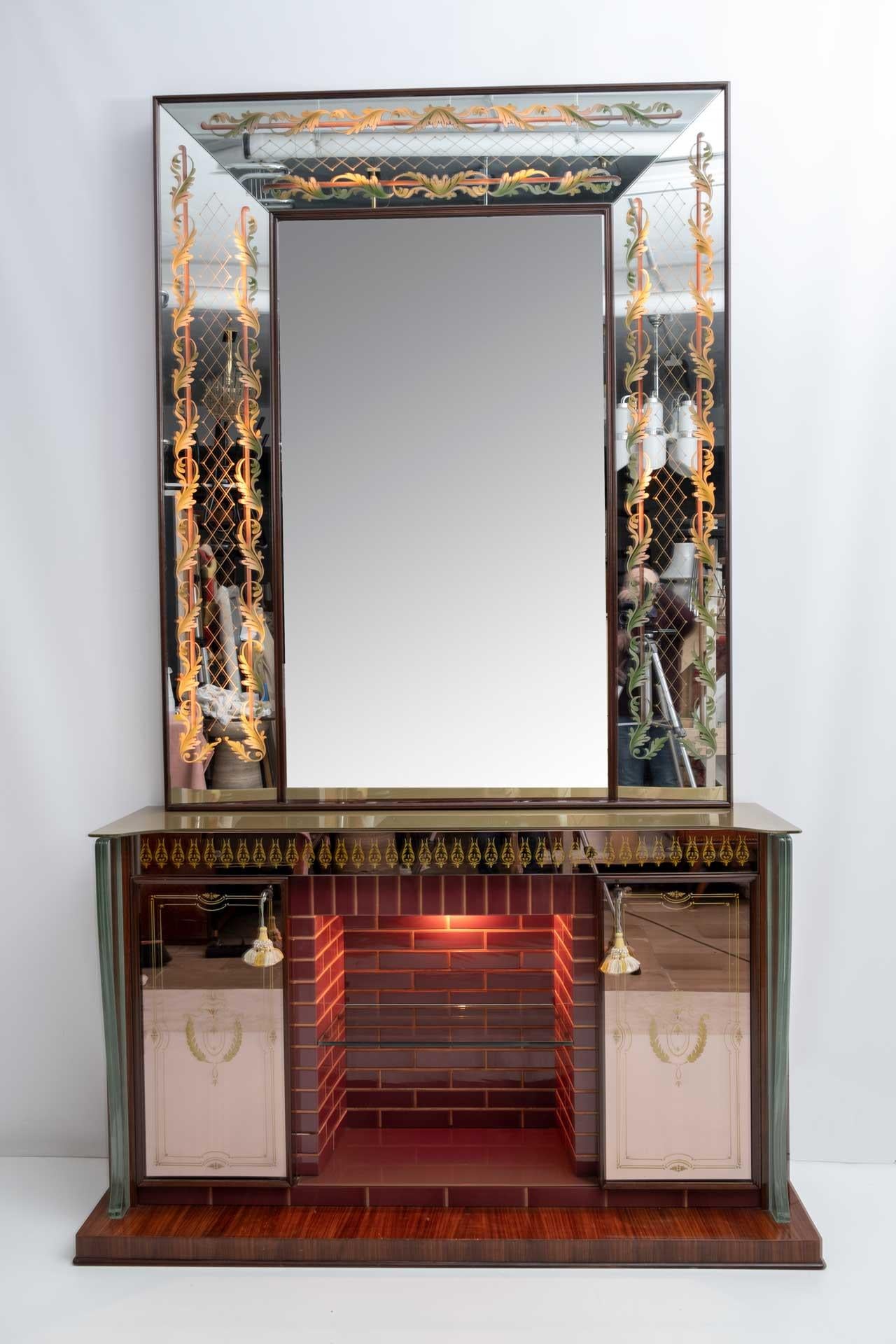 Mid-20th Century Luigi Brusotti Mid-Century Modern Italian Bar Cabinet with Decorated Mirror, 40s For Sale