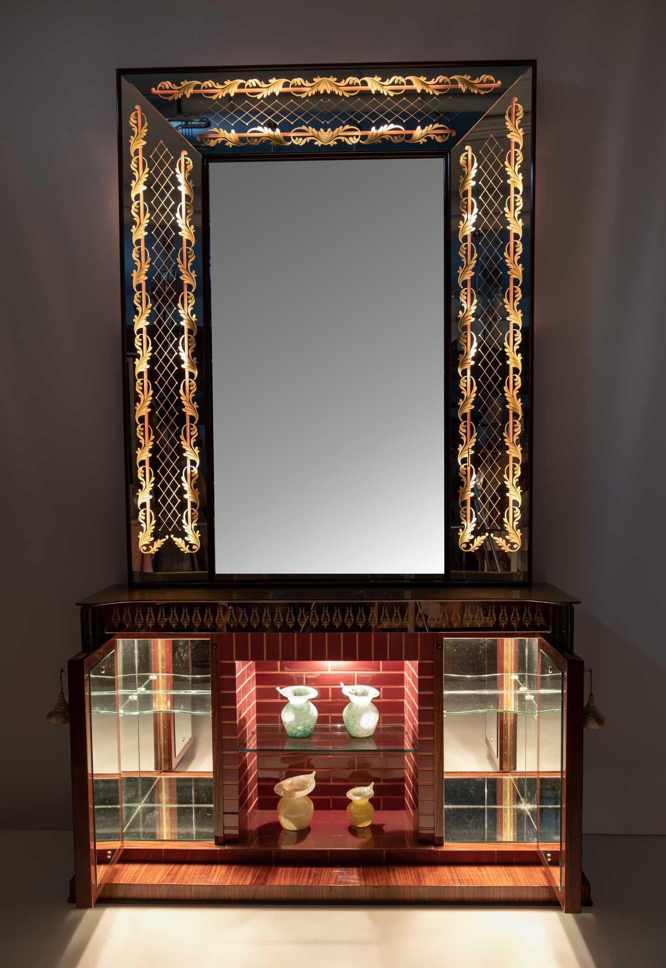 Luigi Brusotti Mid-Century Modern Italienischer Barschrank mit dekorativem Spiegel, 40er Jahre (Mitte des 20. Jahrhunderts) im Angebot