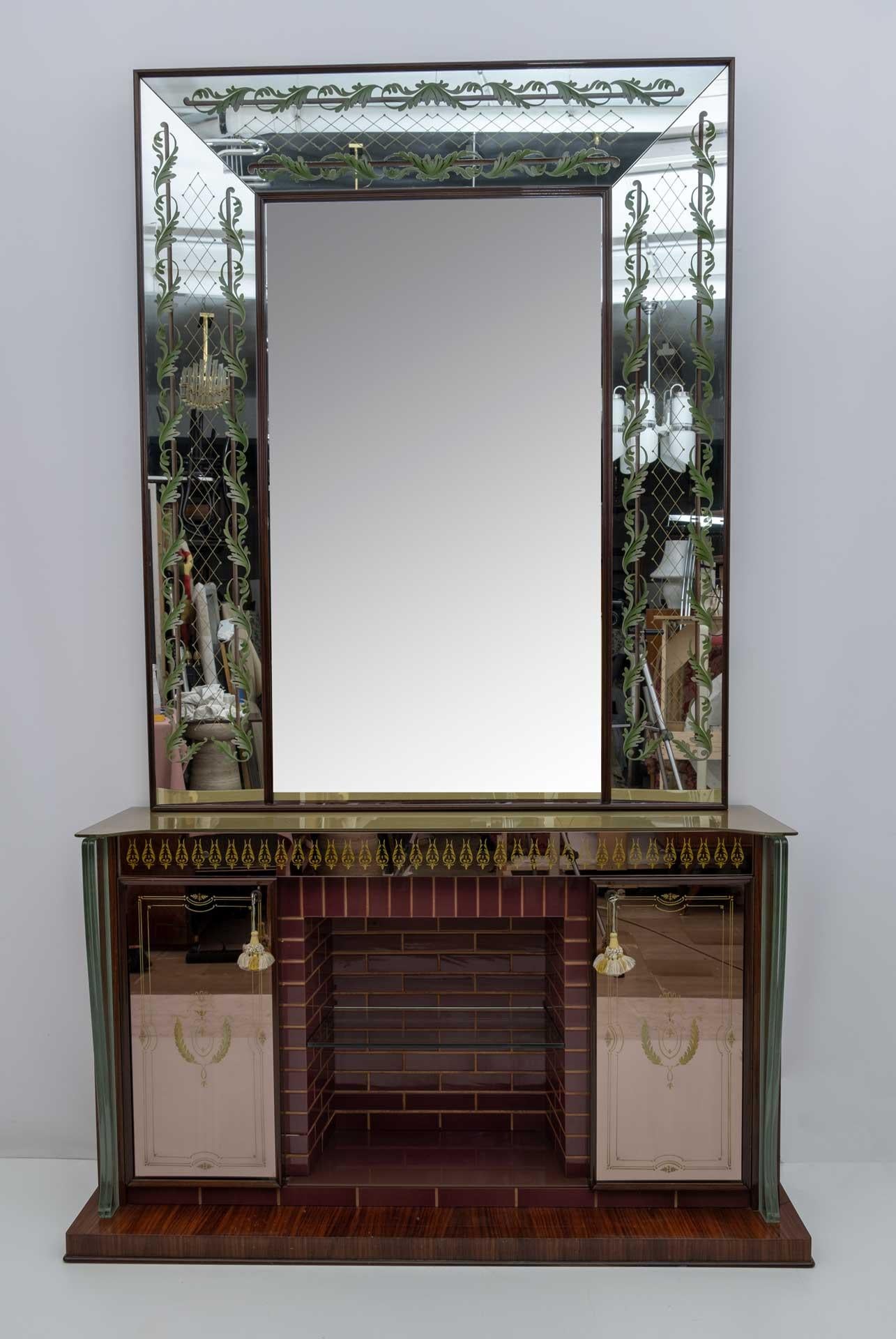 Luigi Brusotti Mid-Century Modern Italian Bar Cabinet with Decorated Mirror, 40s For Sale 1