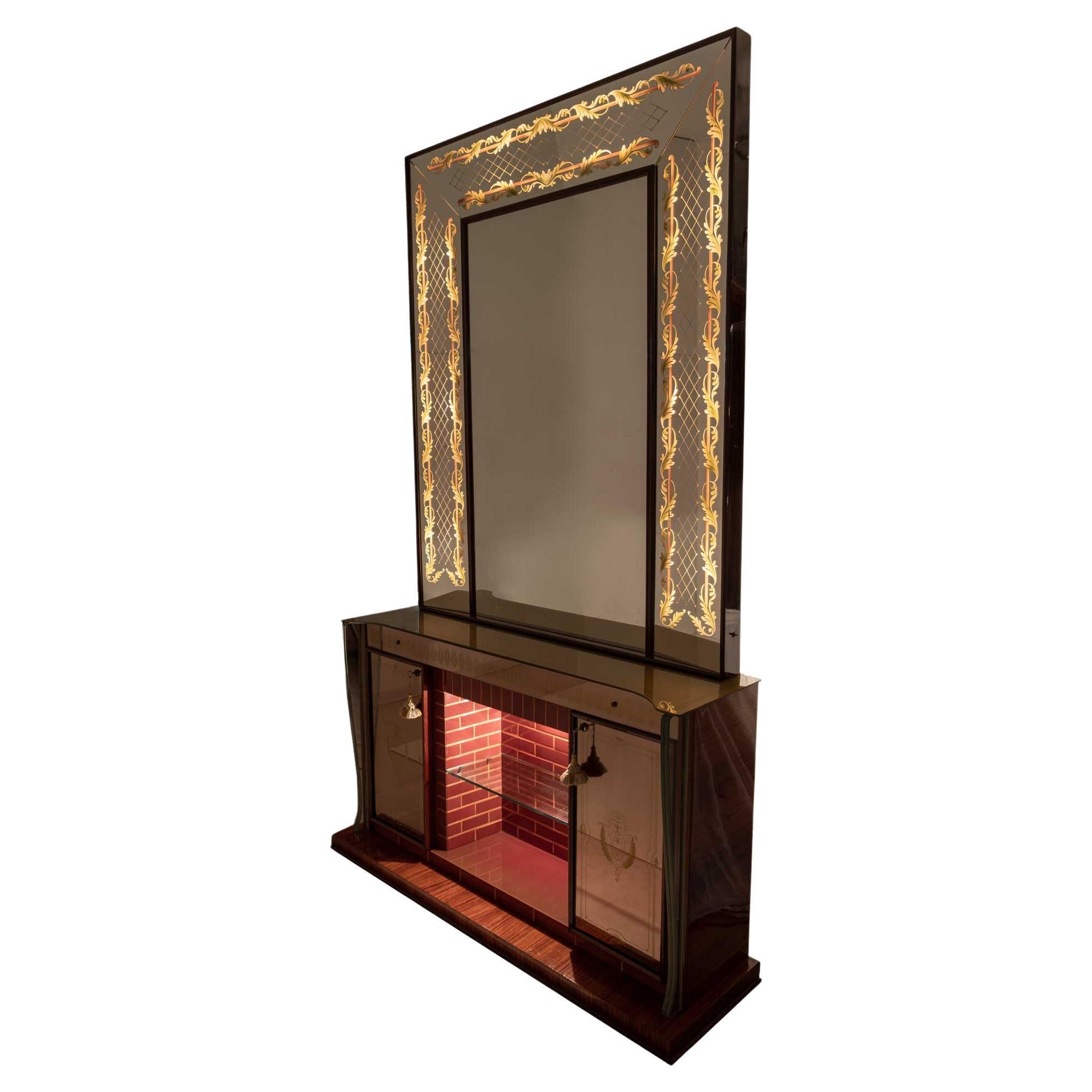 Luigi Brusotti Mid-Century Modern Italian Bar Cabinet with Decorated Mirror, 40s For Sale