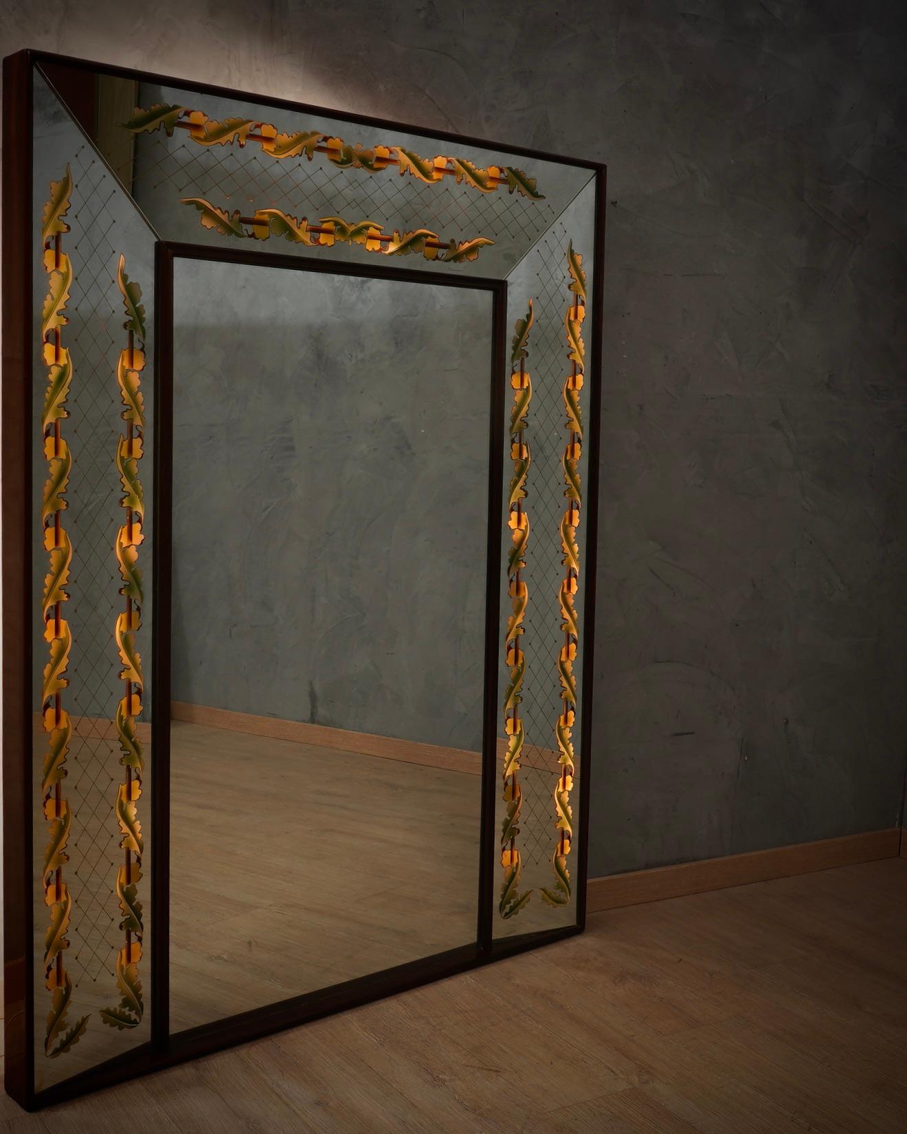 Very elegant mirror by Luigi Brusotti, original and one-of-a-kind design, with internal electrification.

The mirror has a wooden structure, and all around the perimeter there are walnut wood moldings. The front part has mirrored and painted glass