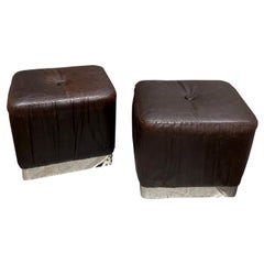 Luigi Caccia Dominioni Attributed Pair of Leather and Chromo Stools, Italy 1970s