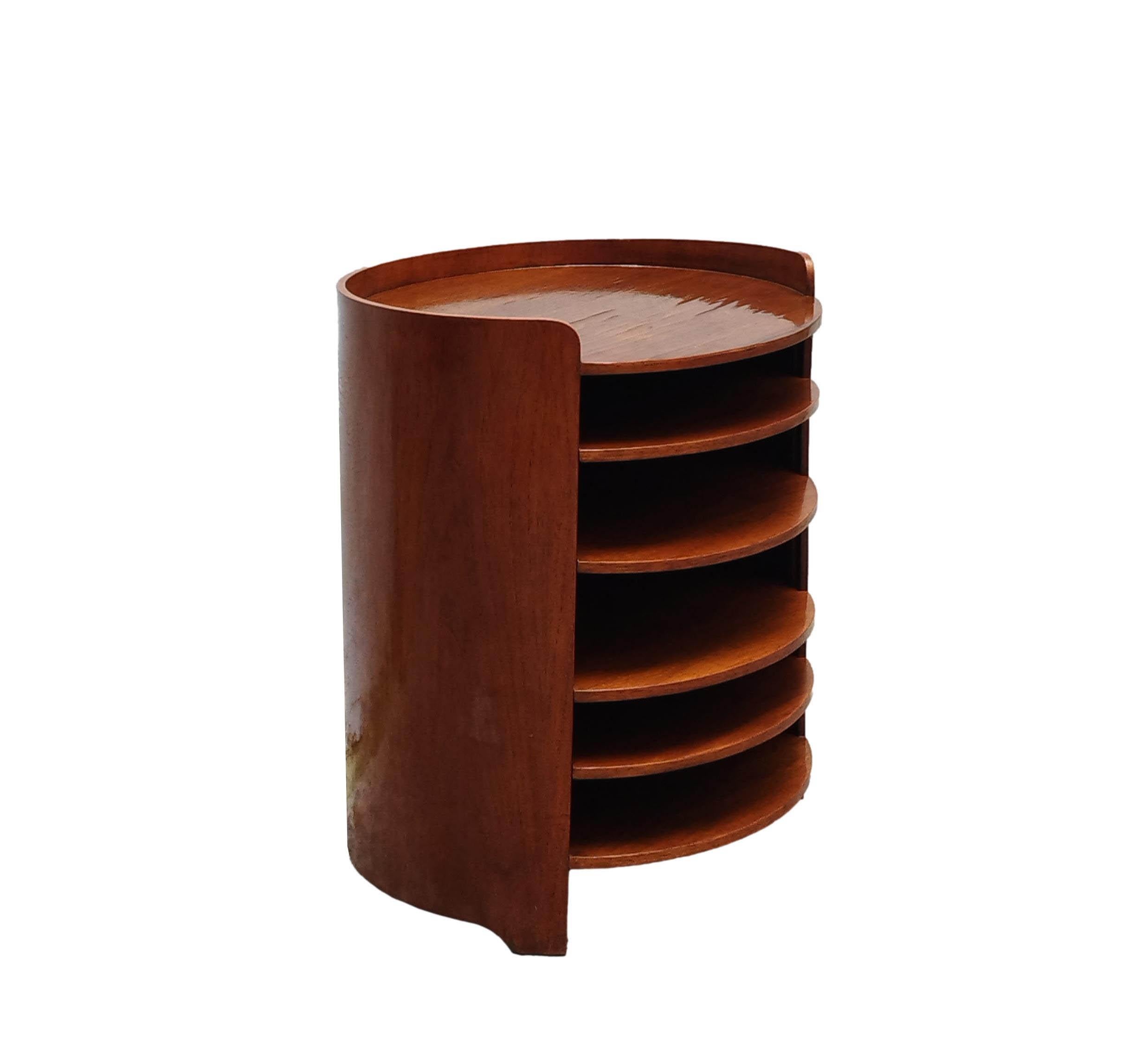 Luigi Caccia Dominioni, Casaccia model bedside table with curved walnut plywood frame and movable shelves. Prod. Azucena, Italy, 1962.