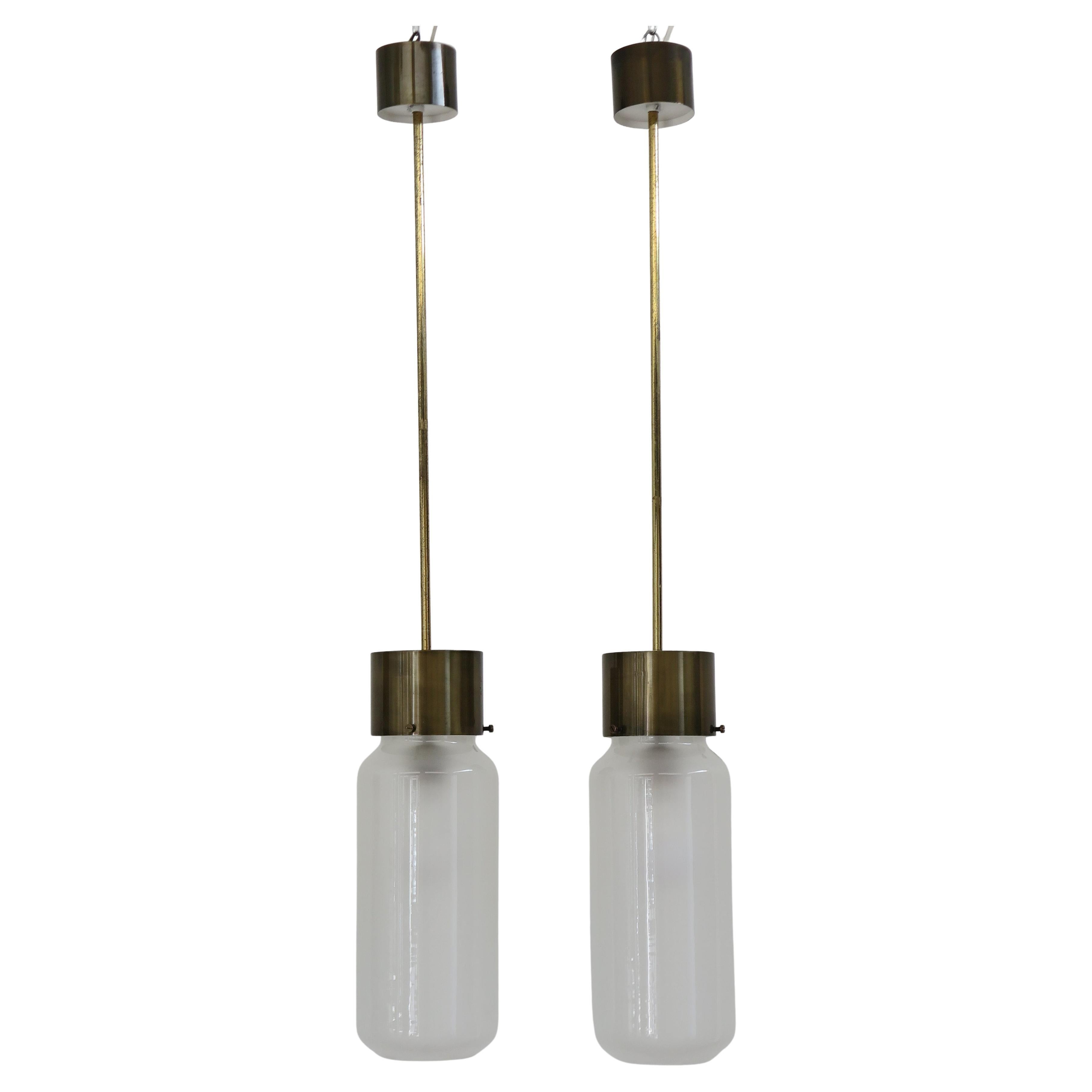 Luigi Caccia Dominioni for Azucena Italian Brass Glass "Bidonde" Pendant Lamps in vendita