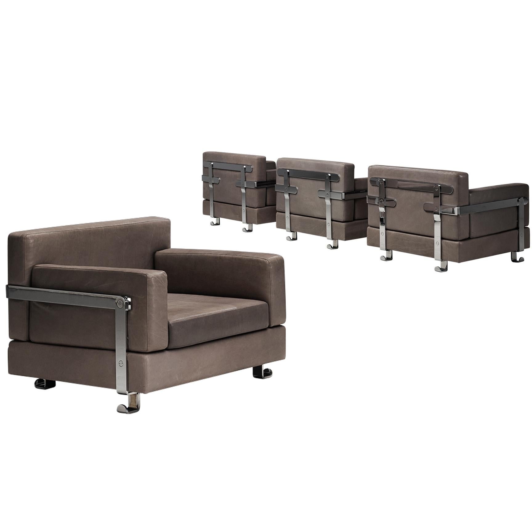 Luigi Caccia Dominioni for Azucena Italian Lounge Chairs Grey Leather and Steel