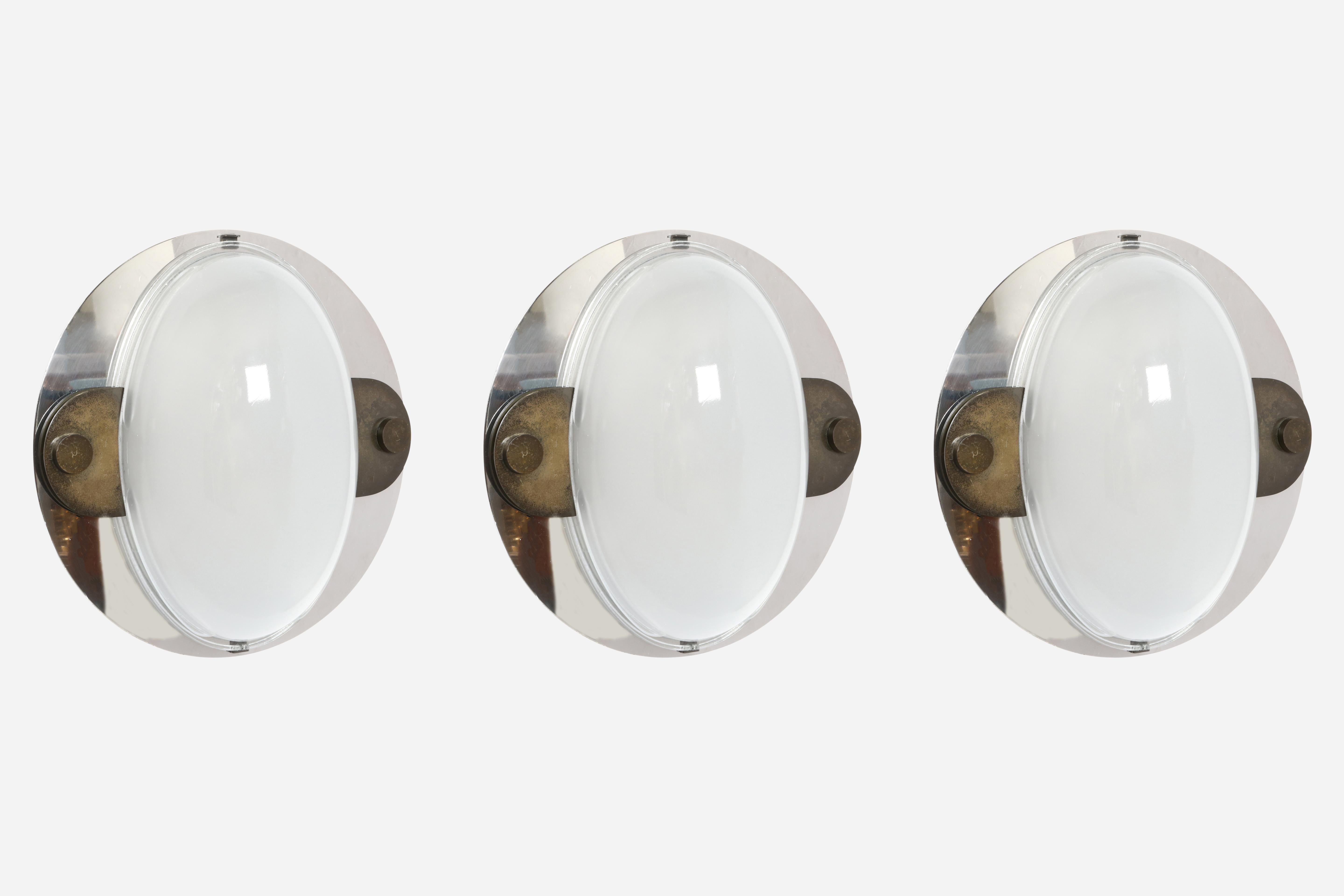 Wall or ceiling lights by Luigi Caccia Dominioni for Azucena.
Designed and manufactured in Italy, 1970s
Rare and impressive.
Holophane glass, chrome plated metal and patinated brass.
Two medium base sockets for each light.
Complimentary US rewiring