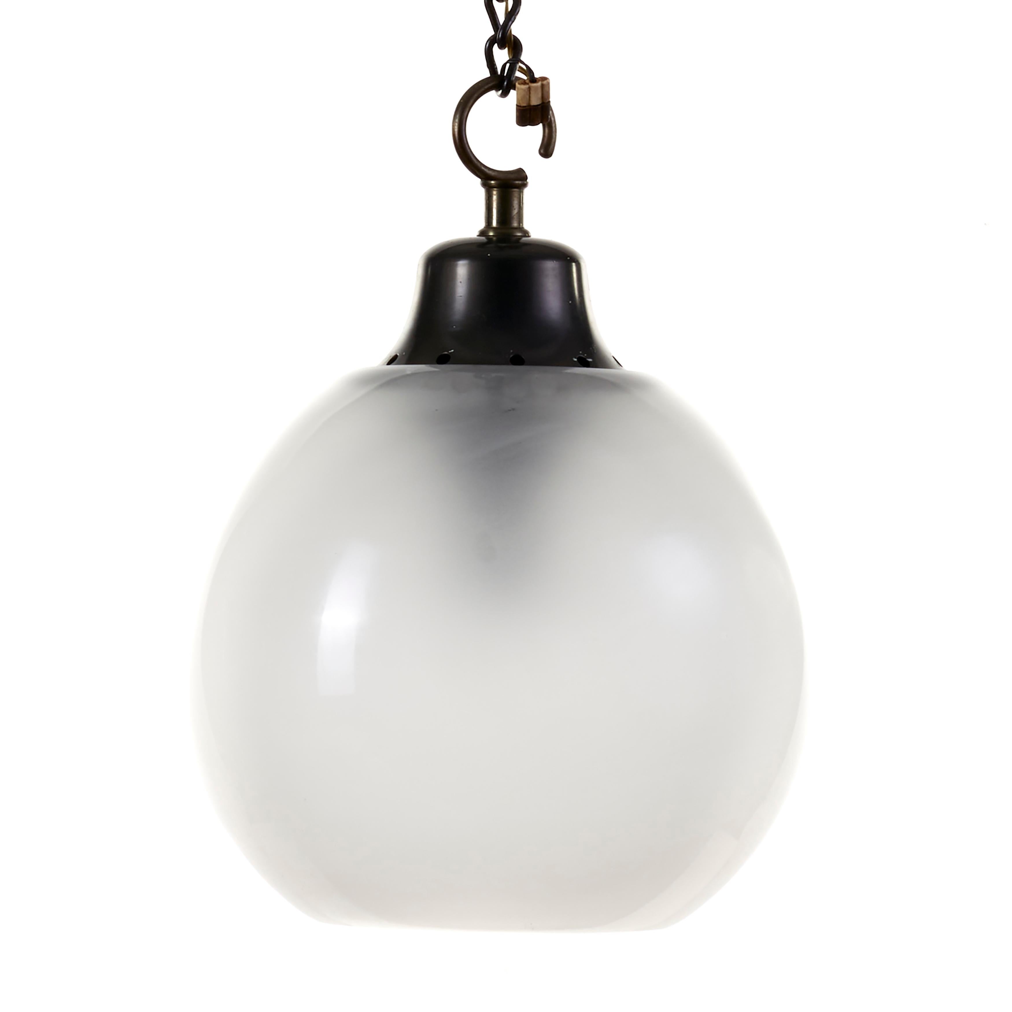 Luigi Caccia Dominioni for Azucena pendant or suspension lamp model LS10 Boccia with globe lampshade in frosted blown Murano crystal glass suspended on double hook in burnished iron and original black aluminum chain and canopy with custom ceiling