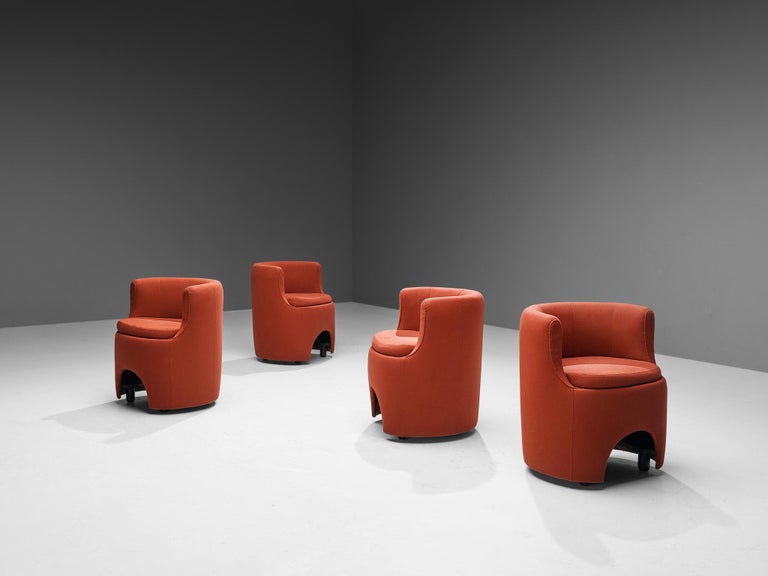 Luigi Caccia Dominioni for Azucena, set of four armchairs model 'P22 Studio', fabric, lacquered wood, Italy, 1975

These rare and wonderfully constructed chairs feature a solid construction of solely round shapes. The seating is designed as a