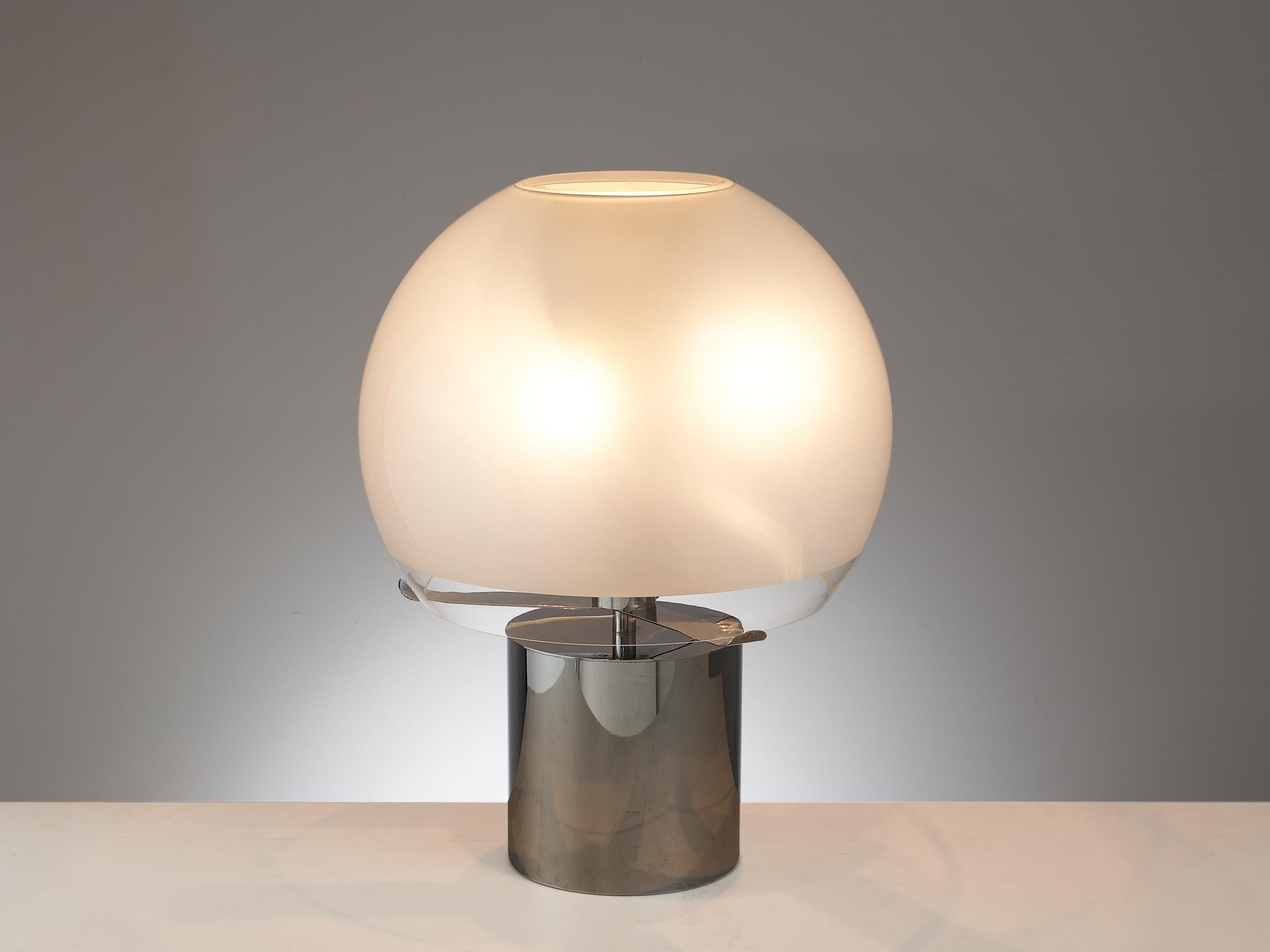 Luigi Caccia Dominioni for Azucena, table lamp, model Porcino, steel, chrome, frosted glass, Italy, 1966. 

Futuristic spherical lamp designed by Italian designer Luigi Caccia Dominioni for Azucena. Its design is reminiscent to the designs typical