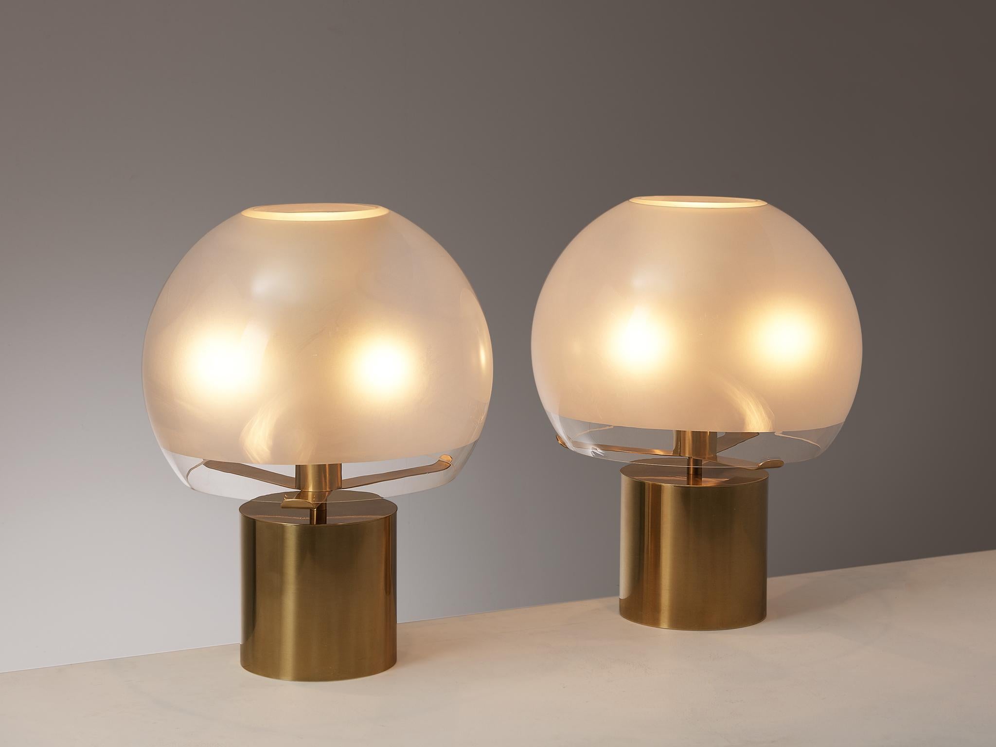 Luigi Caccia Dominioni for Azucena, table lamps, model Porcino, measure: diameter 45 cm, steel, brass, frosted glass, Italy, 1966.

Futuristic spherical lamps designed by Italian designer Luigi Caccia Dominioni for Azucena. Its design is reminiscent