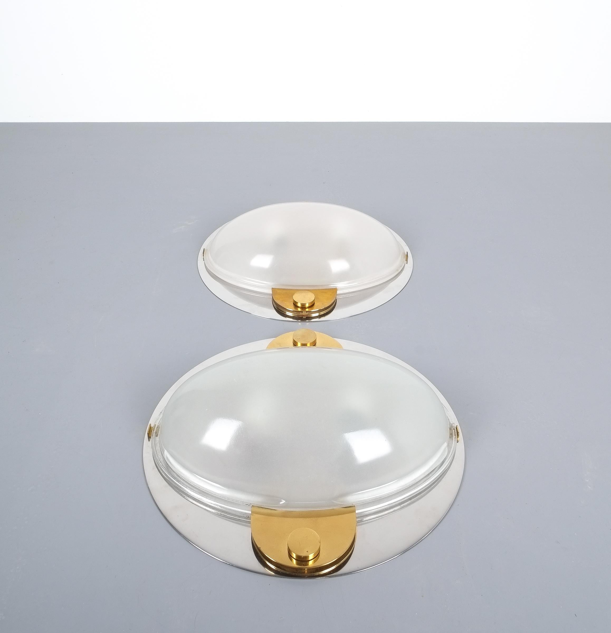 Luigi Caccia Dominioni Flush Mounts or Sconces Brass Chrome Glass, circa 1978 1