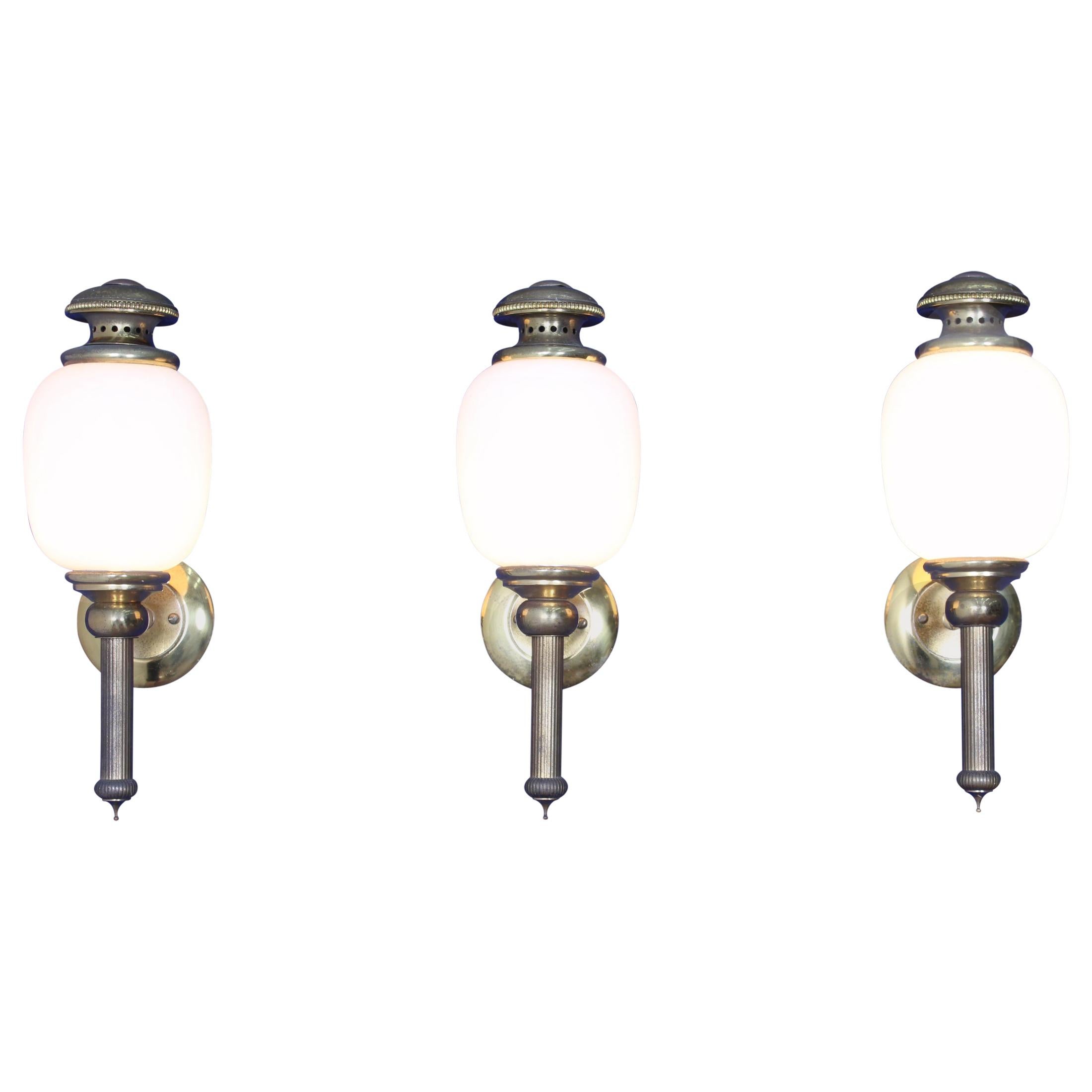 Sciolari Midcentury Withe Opaline and Brass Sconces, Italy, 1950s