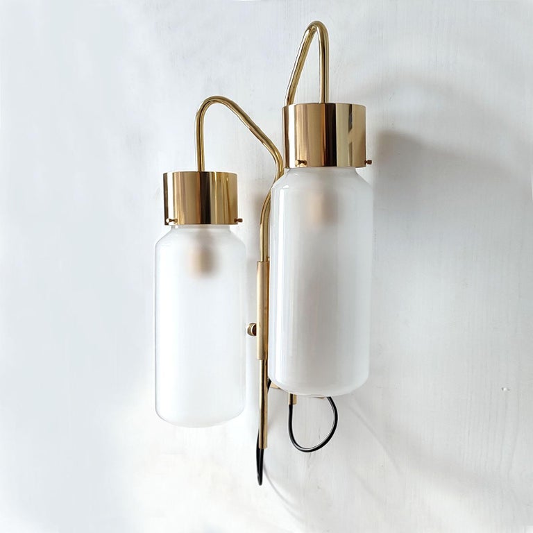 Luigi Caccia Dominioni Pair of Brass and Glass Wall Lights Bidone Double Light For Sale 4