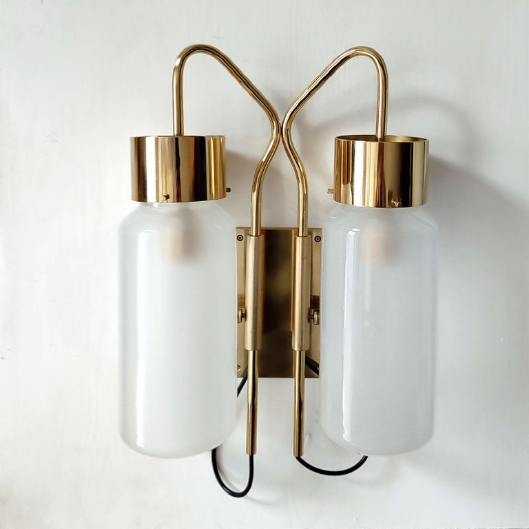 Luigi Caccia Dominioni Pair of Brass and Glass Wall Lights Bidone Double Light For Sale 8