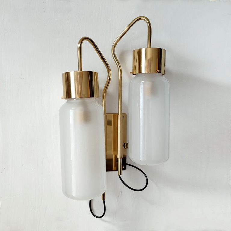 Mid-20th Century Luigi Caccia Dominioni Pair of Brass and Glass Wall Lights Bidone Double Light For Sale