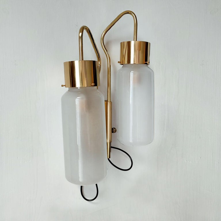 Luigi Caccia Dominioni Pair of Brass and Glass Wall Lights Bidone Double Light For Sale 1