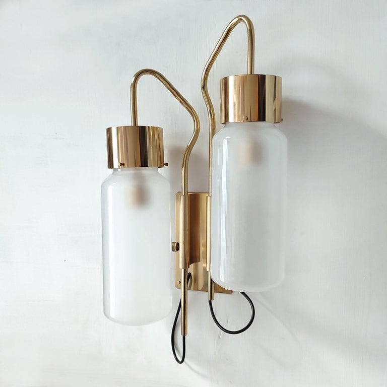 Luigi Caccia Dominioni Pair of Brass and Glass Wall Lights Bidone Double Light For Sale 3